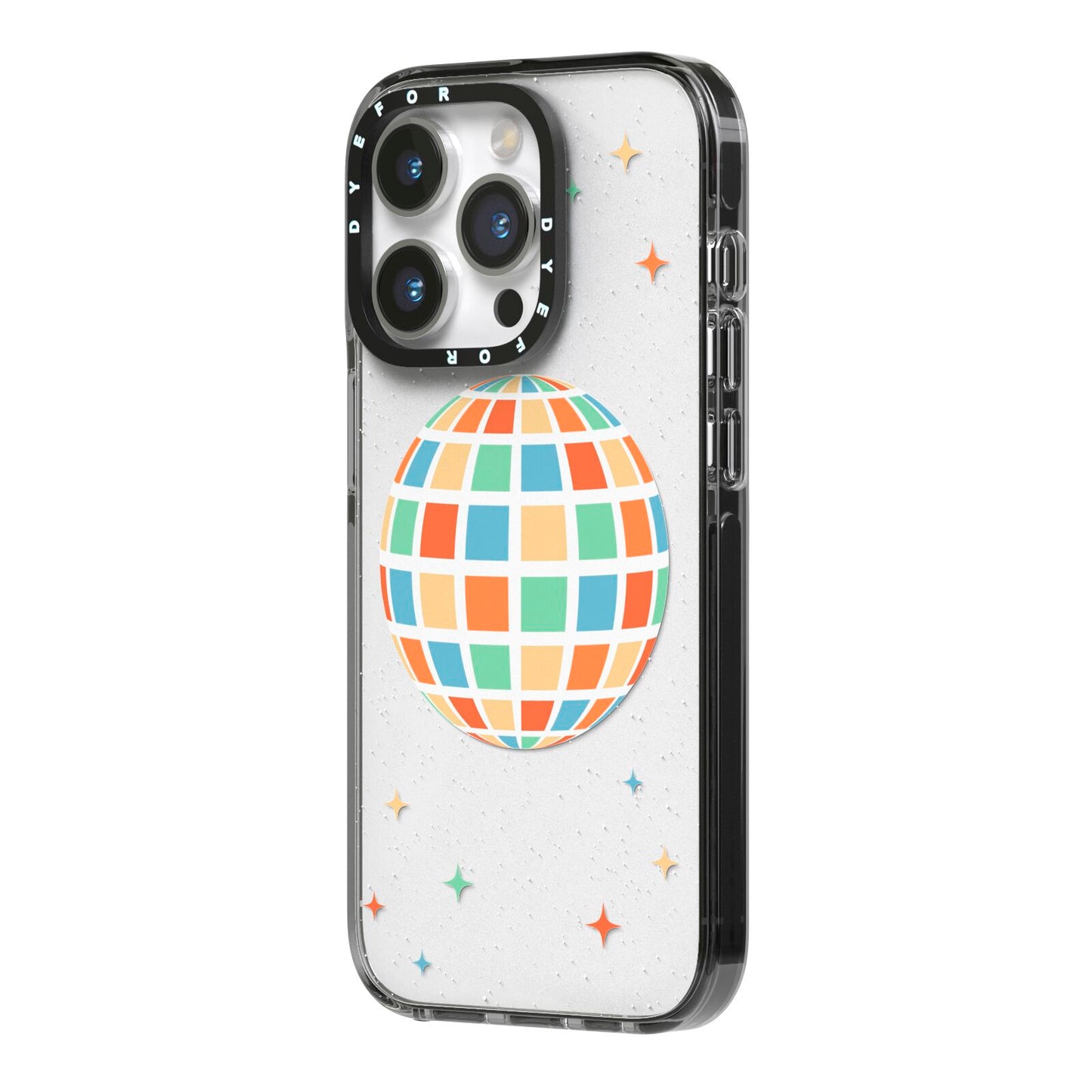 Disco Ball iPhone 14 Pro Black Impact Case Side Angle on Silver phone