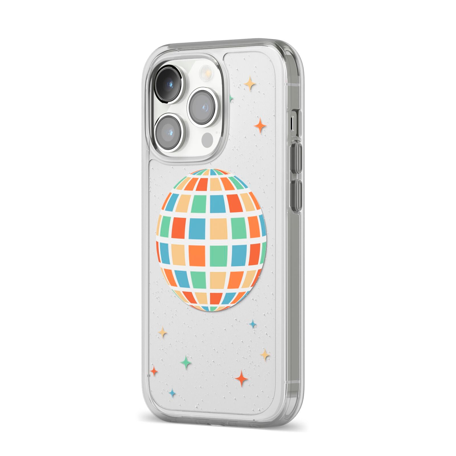 Disco Ball iPhone 14 Pro Clear Tough Case Silver Angled Image