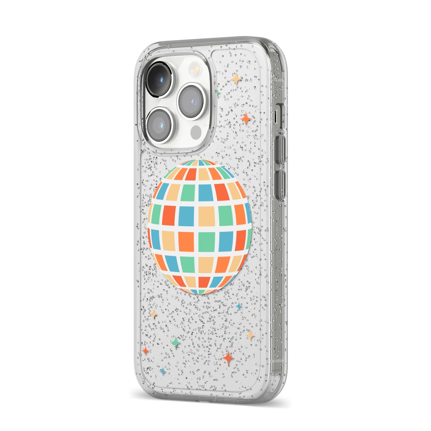 Disco Ball iPhone 14 Pro Glitter Tough Case Silver Angled Image