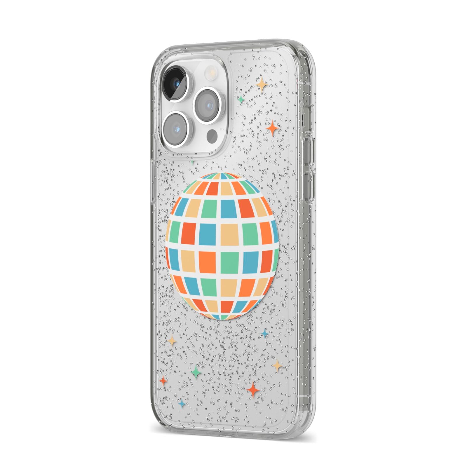 Disco Ball iPhone 14 Pro Max Glitter Tough Case Silver Angled Image