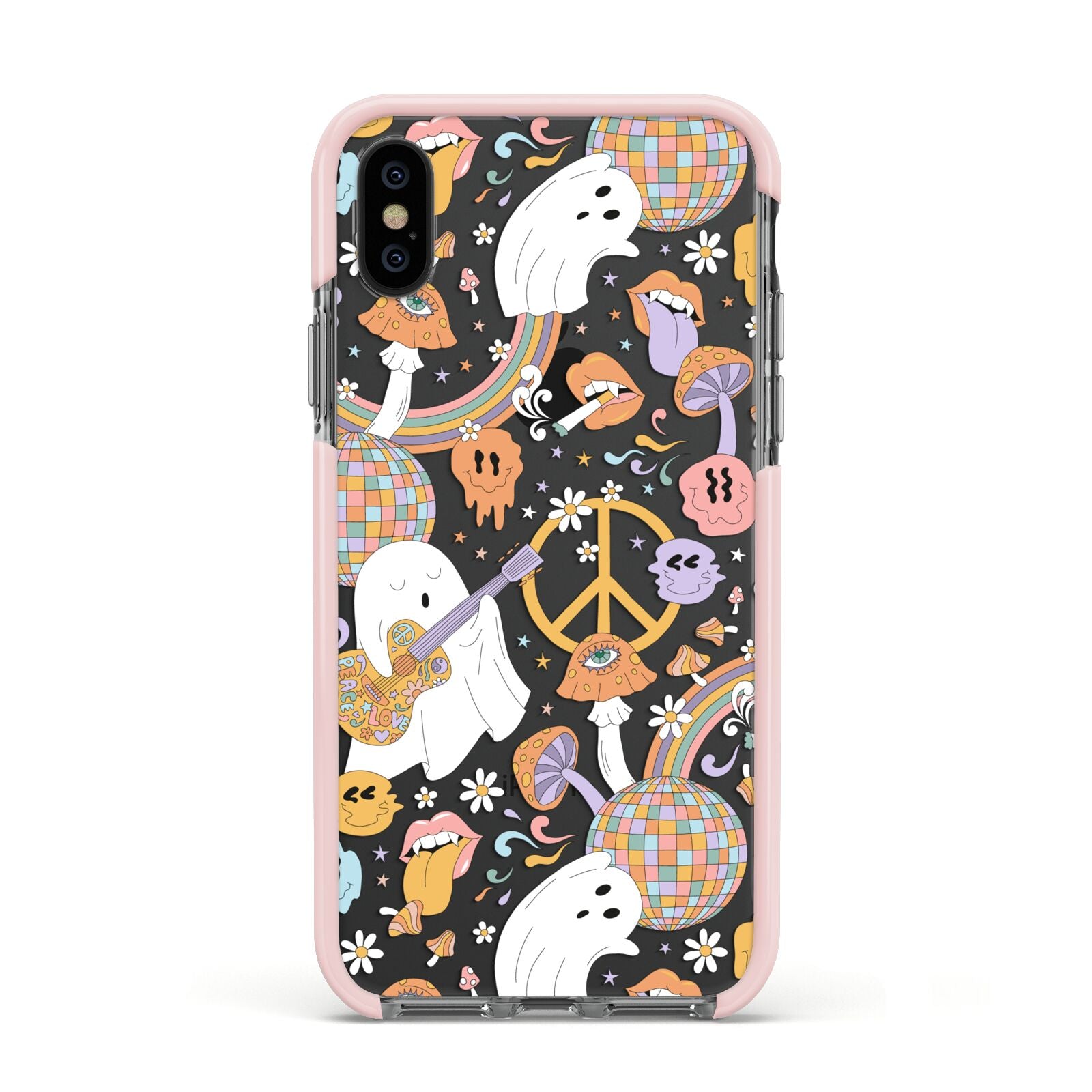 Disco Ghosts Apple iPhone Xs Impact Case Pink Edge on Black Phone