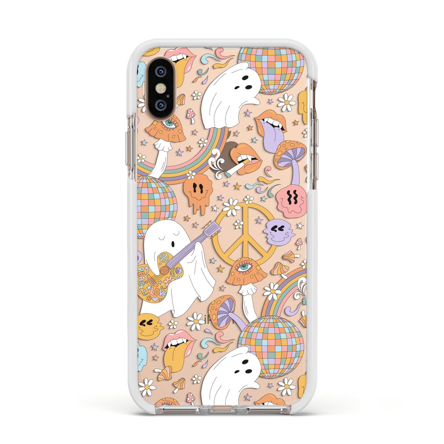 Disco Ghosts Apple iPhone Xs Impact Case White Edge on Gold Phone