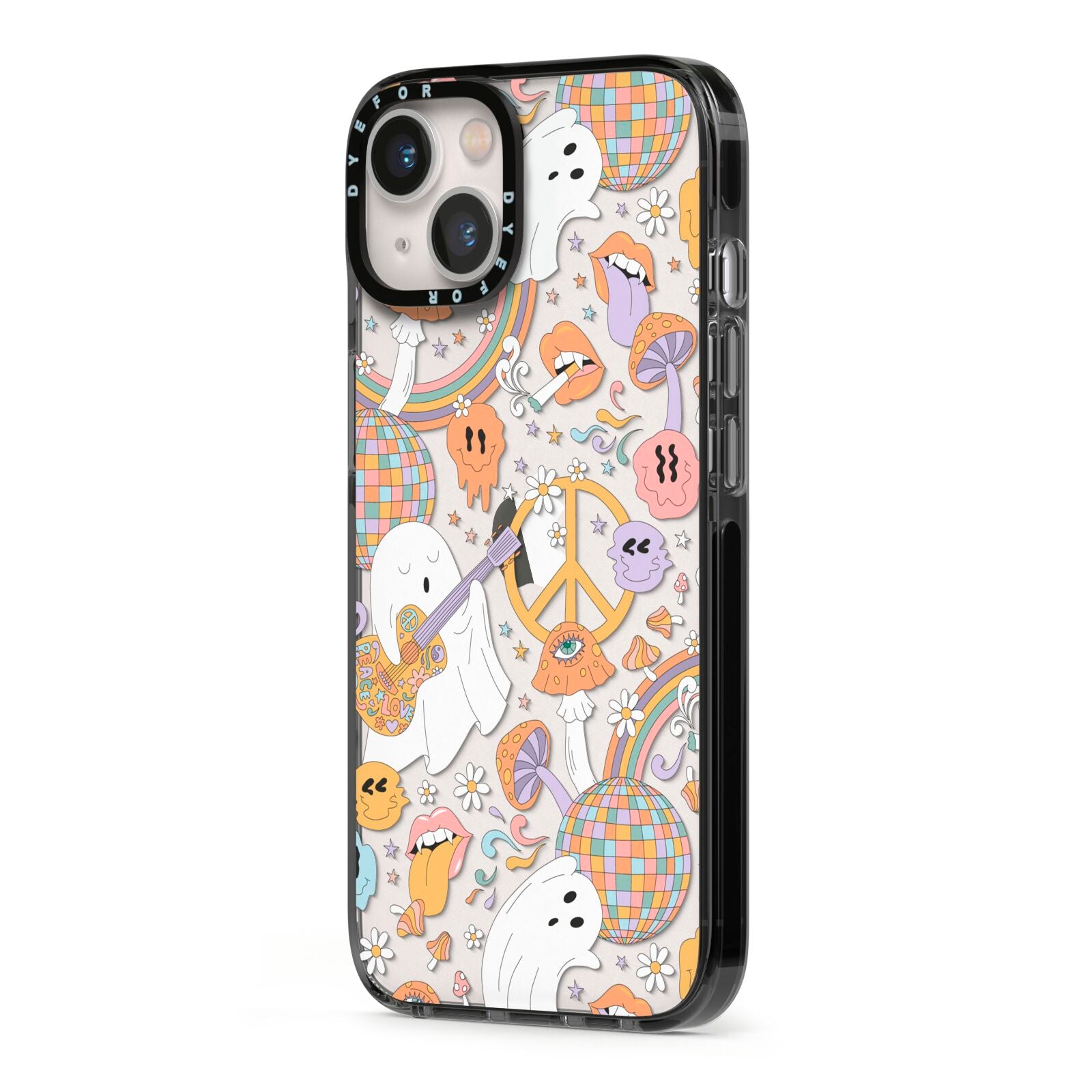 Disco Ghosts iPhone 13 Black Impact Case Side Angle on Silver phone