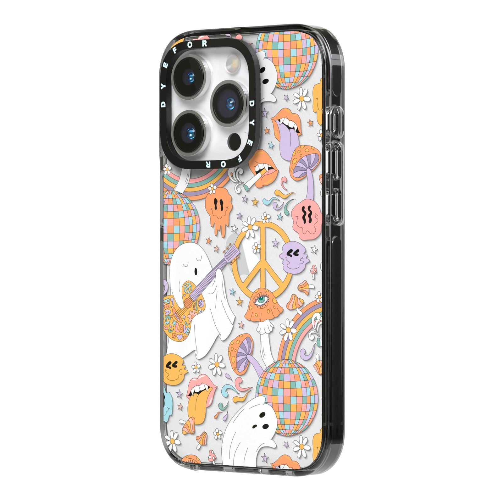 Disco Ghosts iPhone 14 Pro Black Impact Case Side Angle on Silver phone