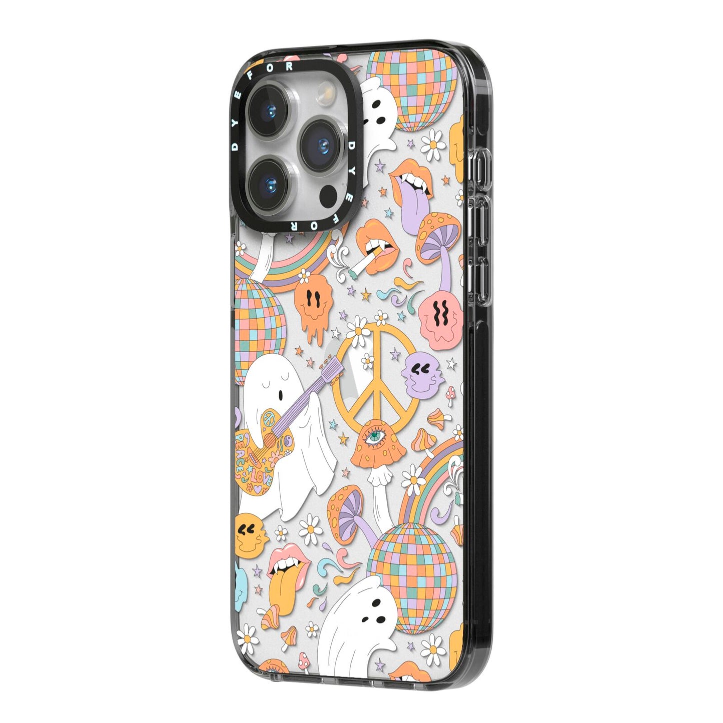 Disco Ghosts iPhone 14 Pro Max Black Impact Case Side Angle on Silver phone