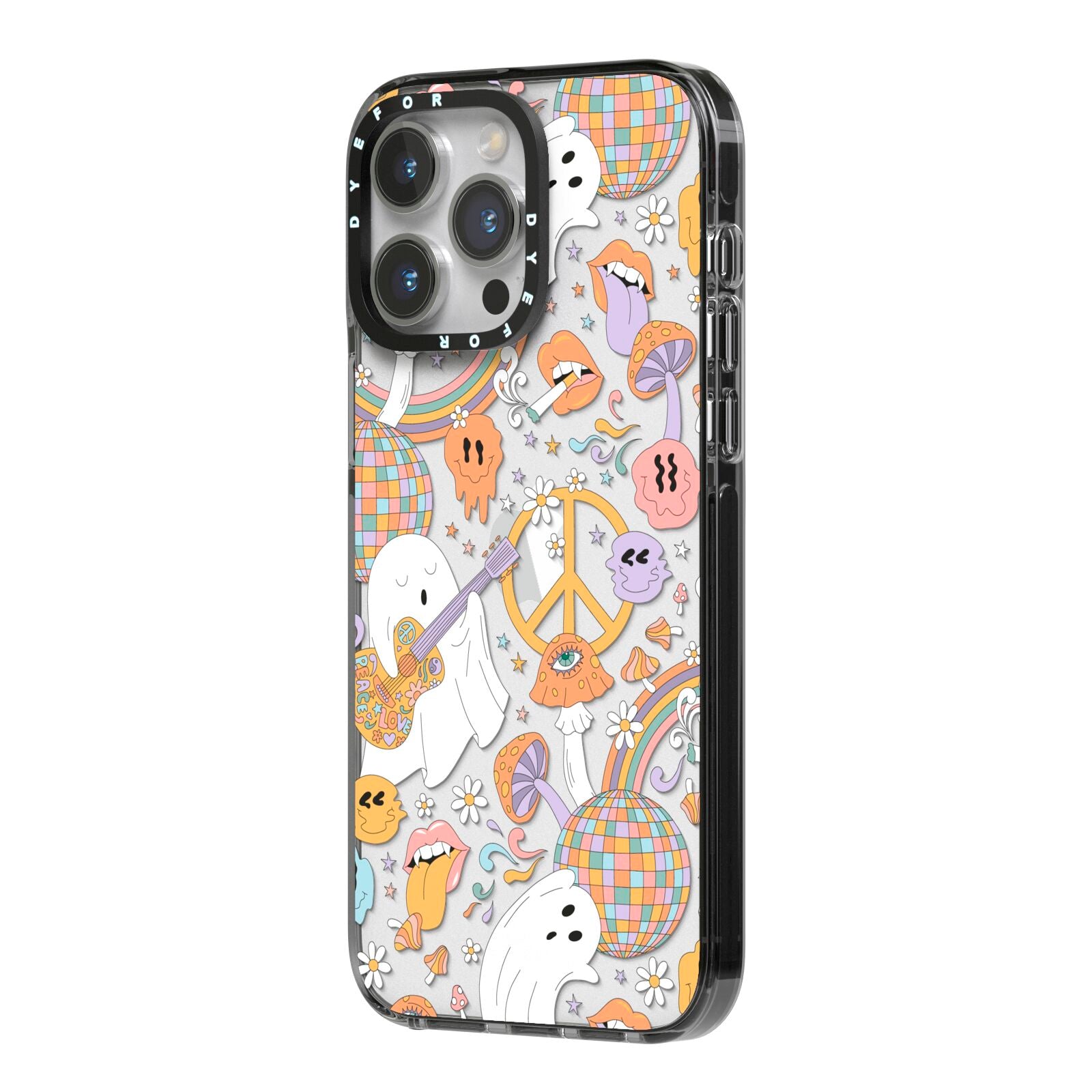 Disco Ghosts iPhone 14 Pro Max Black Impact Case Side Angle on Silver phone