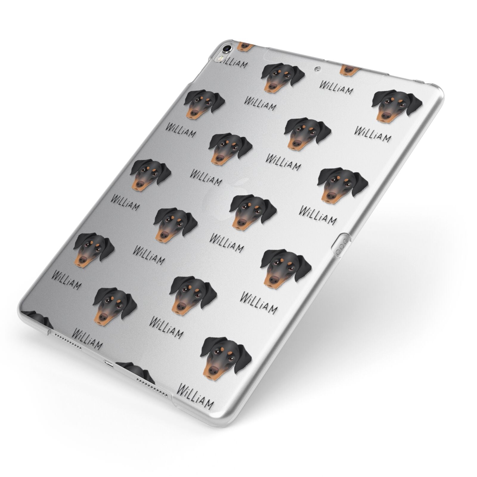 Dobermann Icon with Name Apple iPad Case on Silver iPad Side View