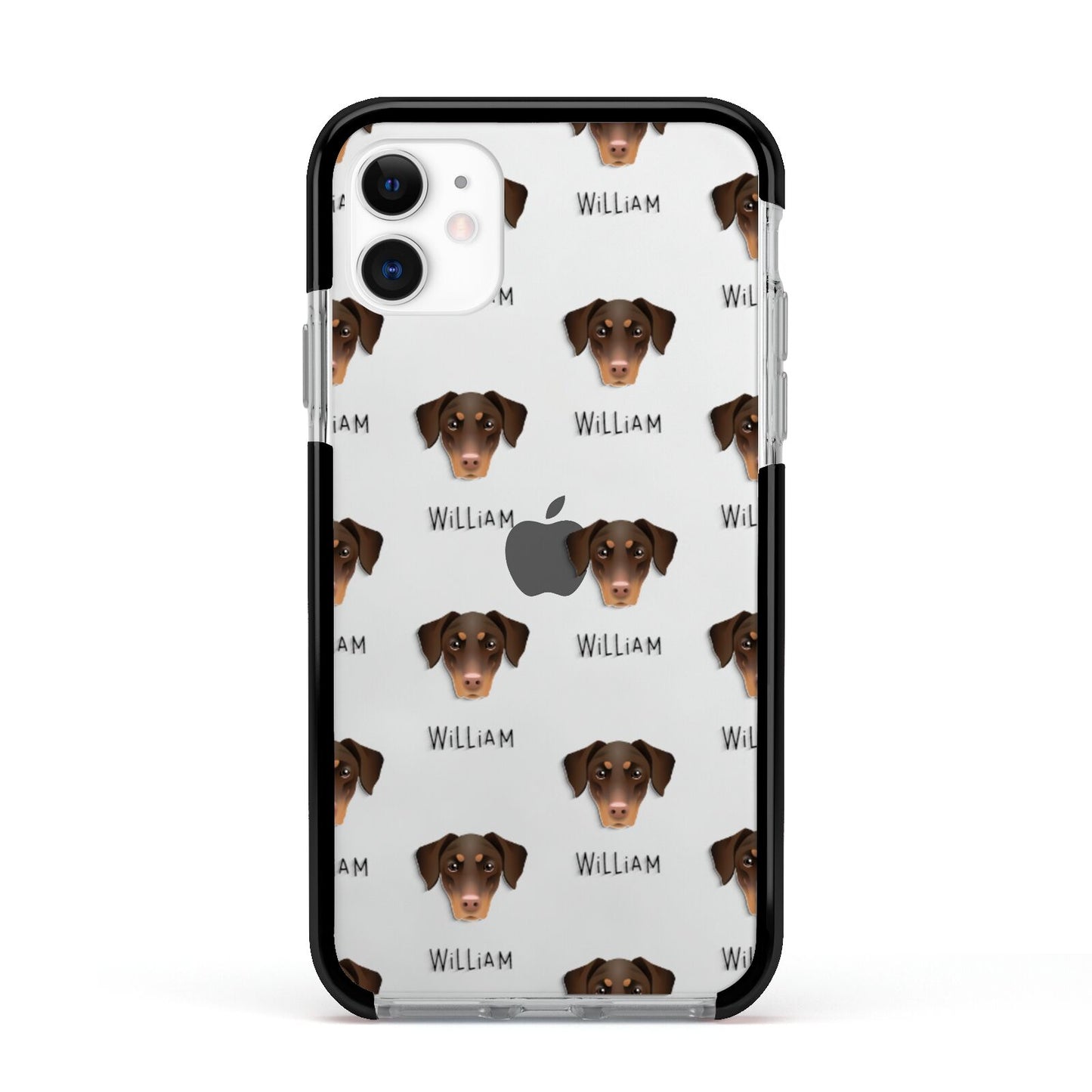 Dobermann Icon with Name Apple iPhone 11 in White with Black Impact Case