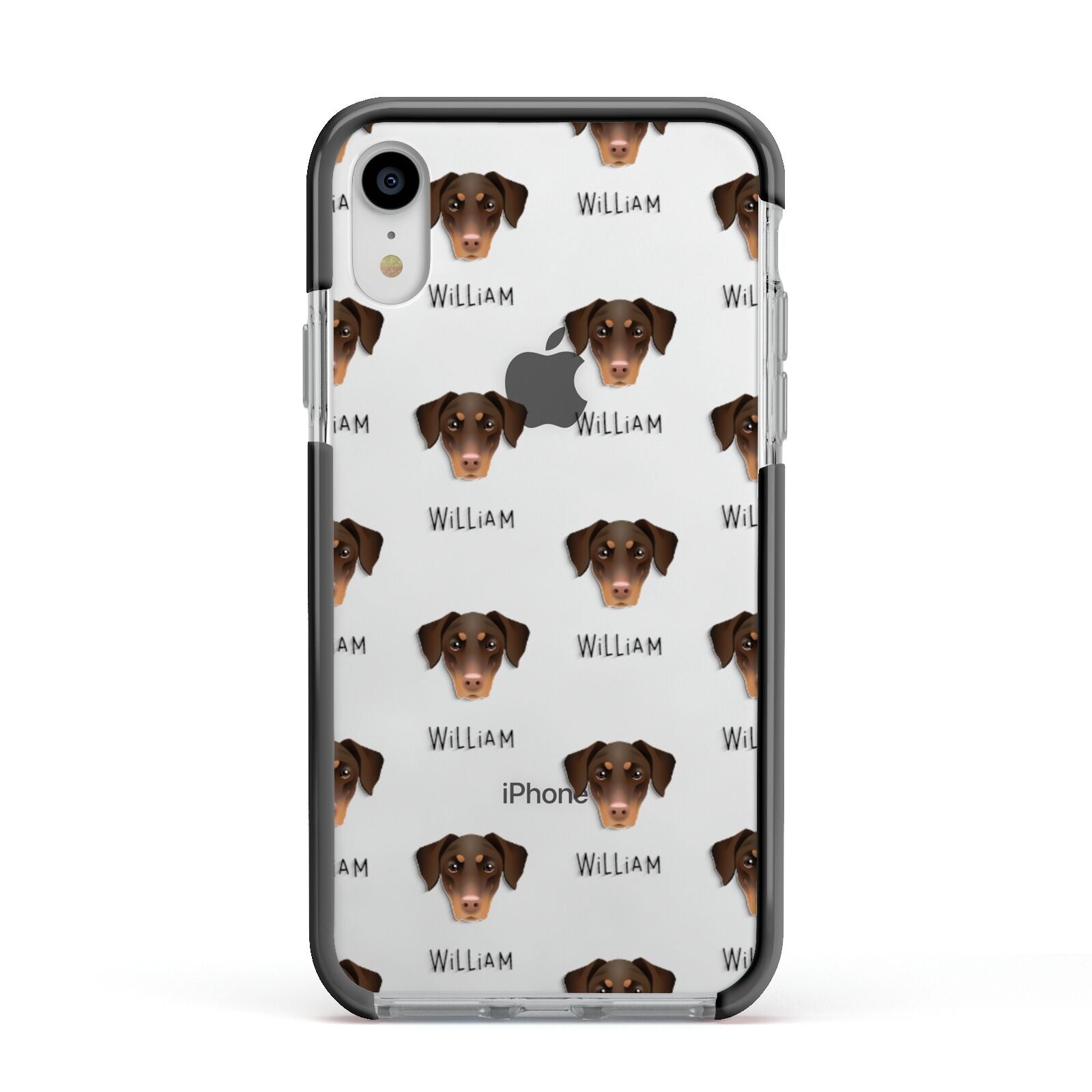 Dobermann Icon with Name Apple iPhone XR Impact Case Black Edge on Silver Phone