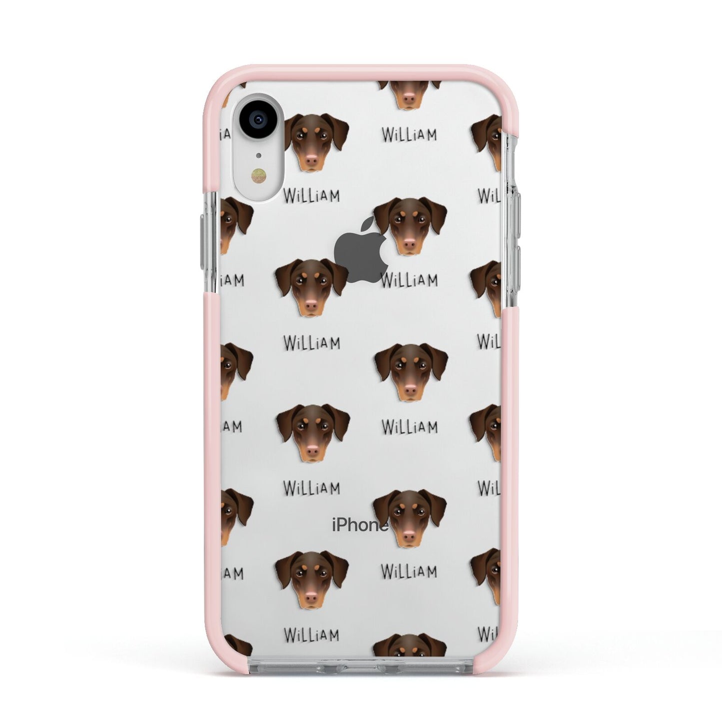 Dobermann Icon with Name Apple iPhone XR Impact Case Pink Edge on Silver Phone
