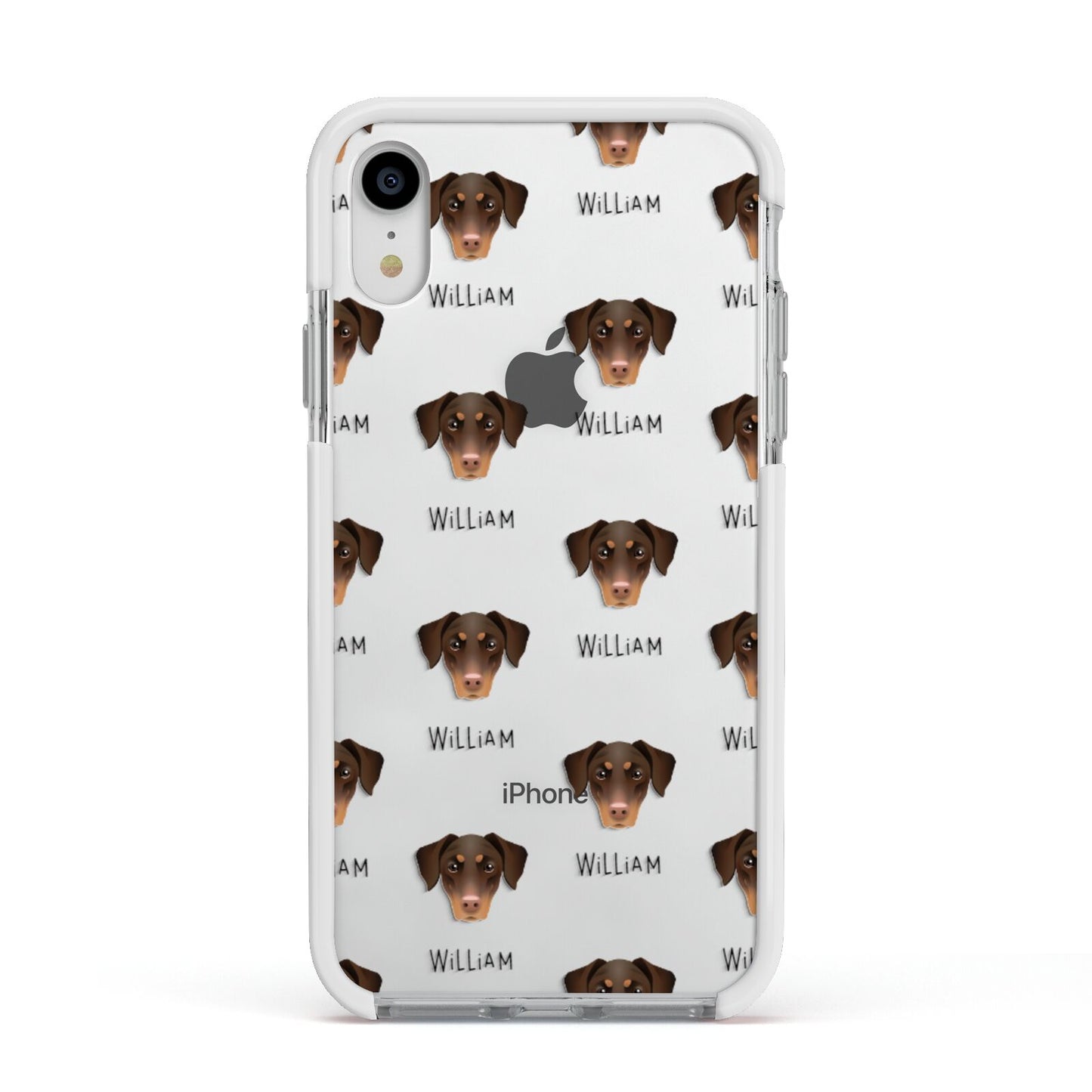 Dobermann Icon with Name Apple iPhone XR Impact Case White Edge on Silver Phone