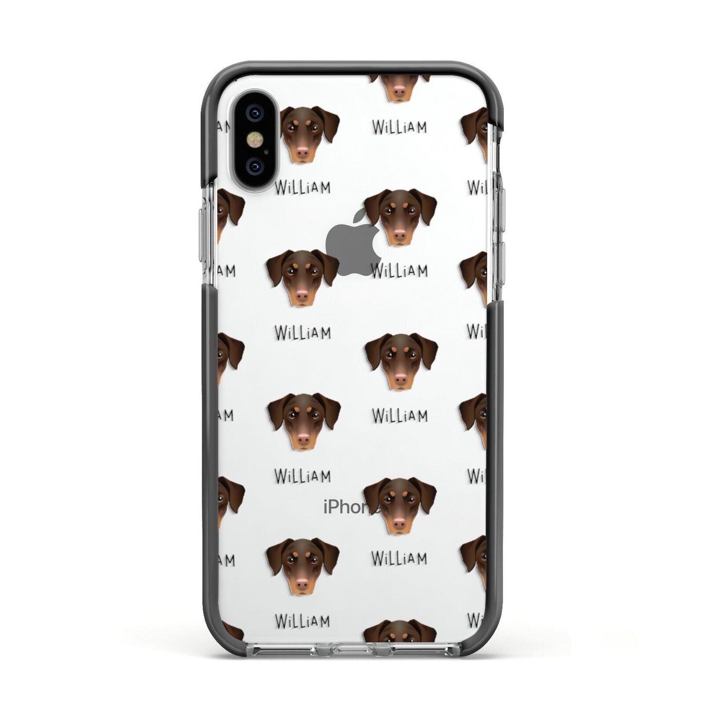Dobermann Icon with Name Apple iPhone Xs Impact Case Black Edge on Silver Phone