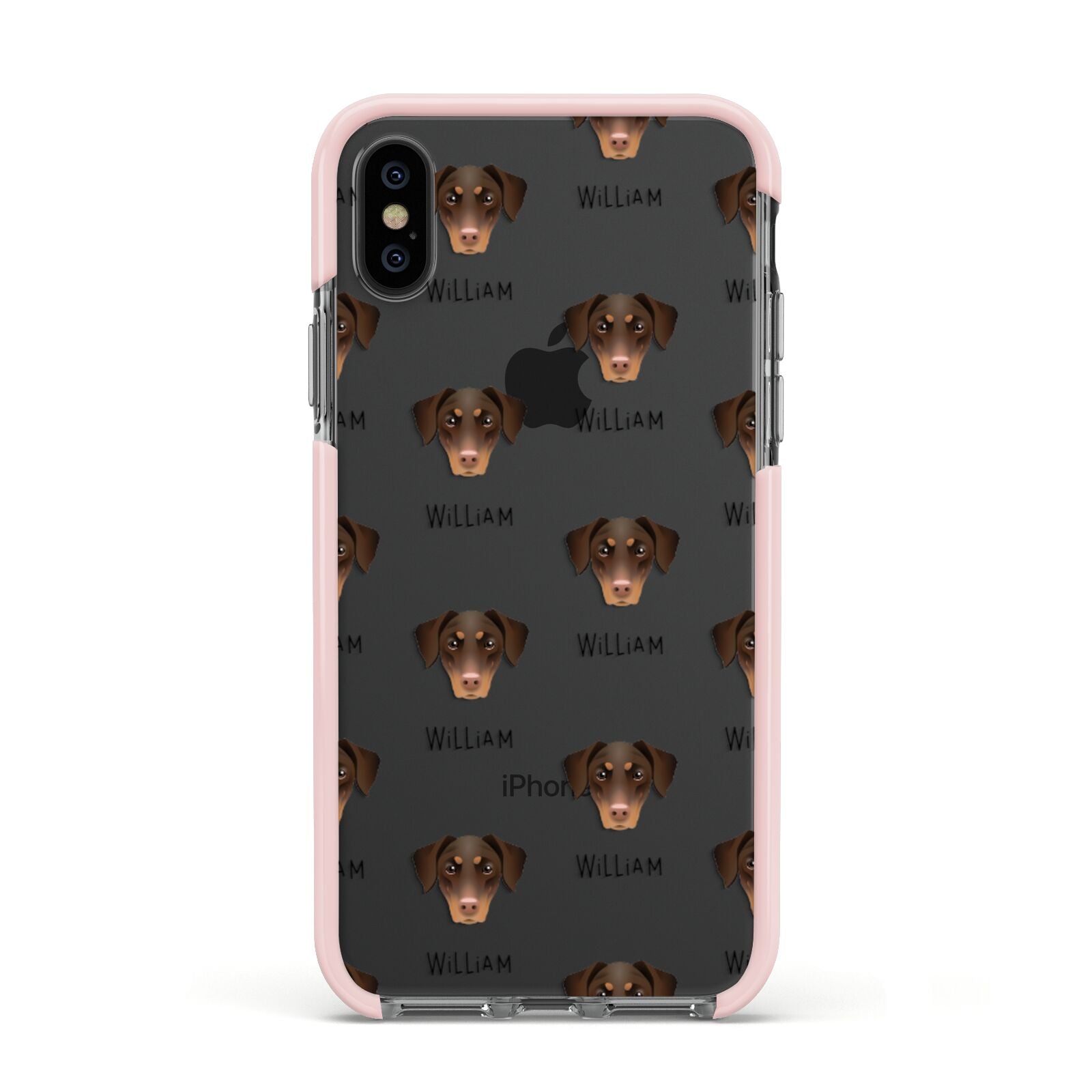 Dobermann Icon with Name Apple iPhone Xs Impact Case Pink Edge on Black Phone