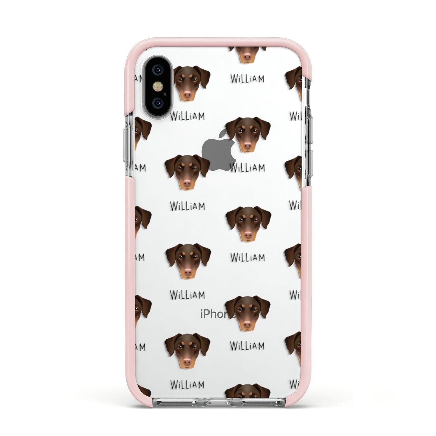 Dobermann Icon with Name Apple iPhone Xs Impact Case Pink Edge on Silver Phone