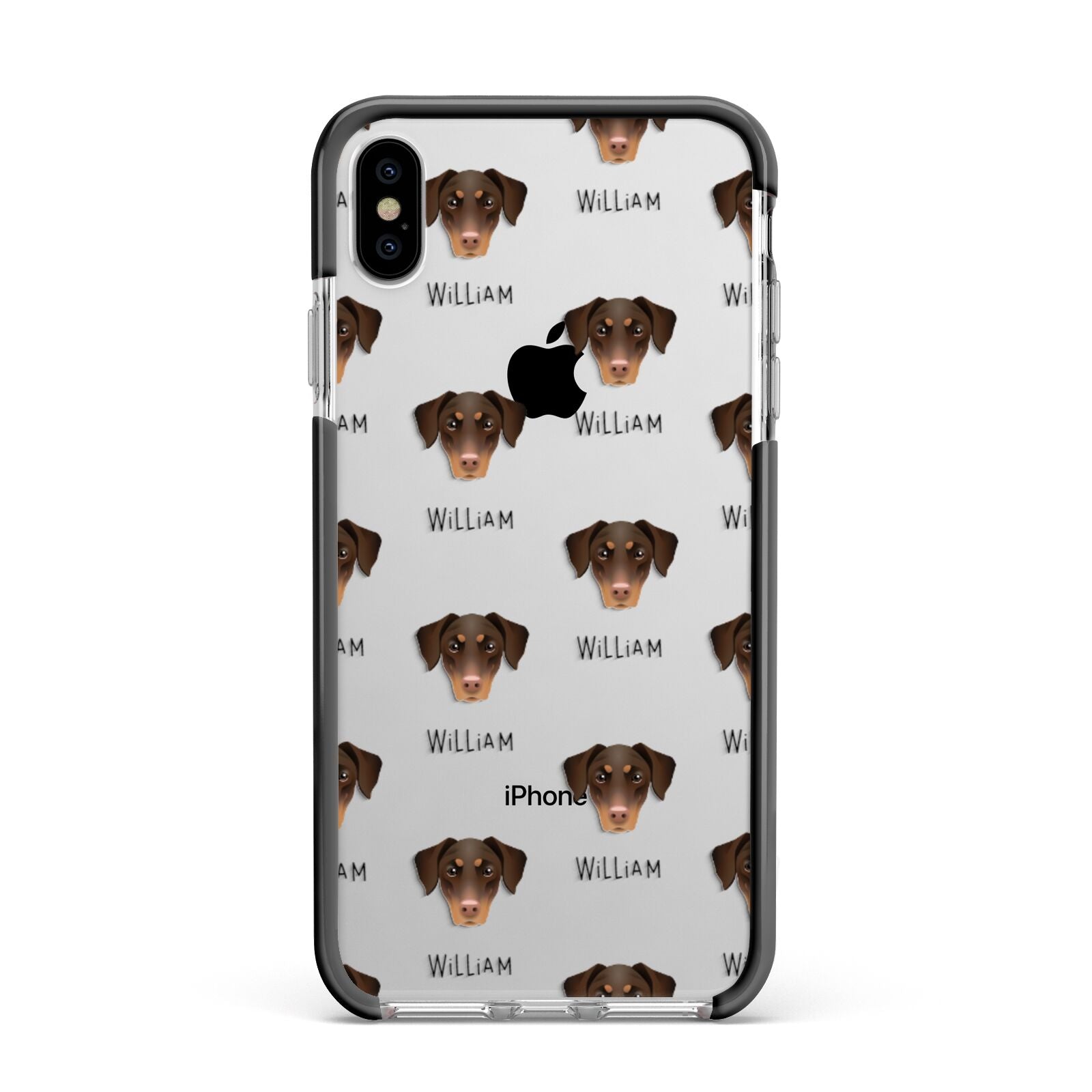 Dobermann Icon with Name Apple iPhone Xs Max Impact Case Black Edge on Silver Phone
