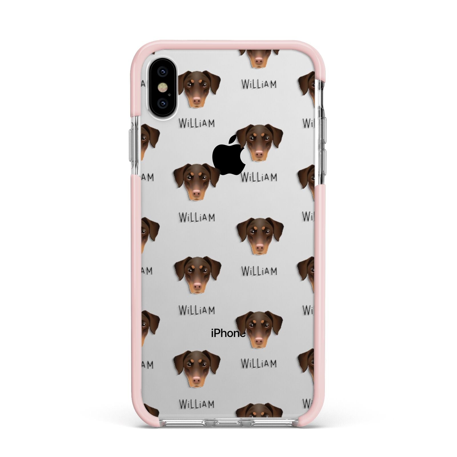 Dobermann Icon with Name Apple iPhone Xs Max Impact Case Pink Edge on Silver Phone