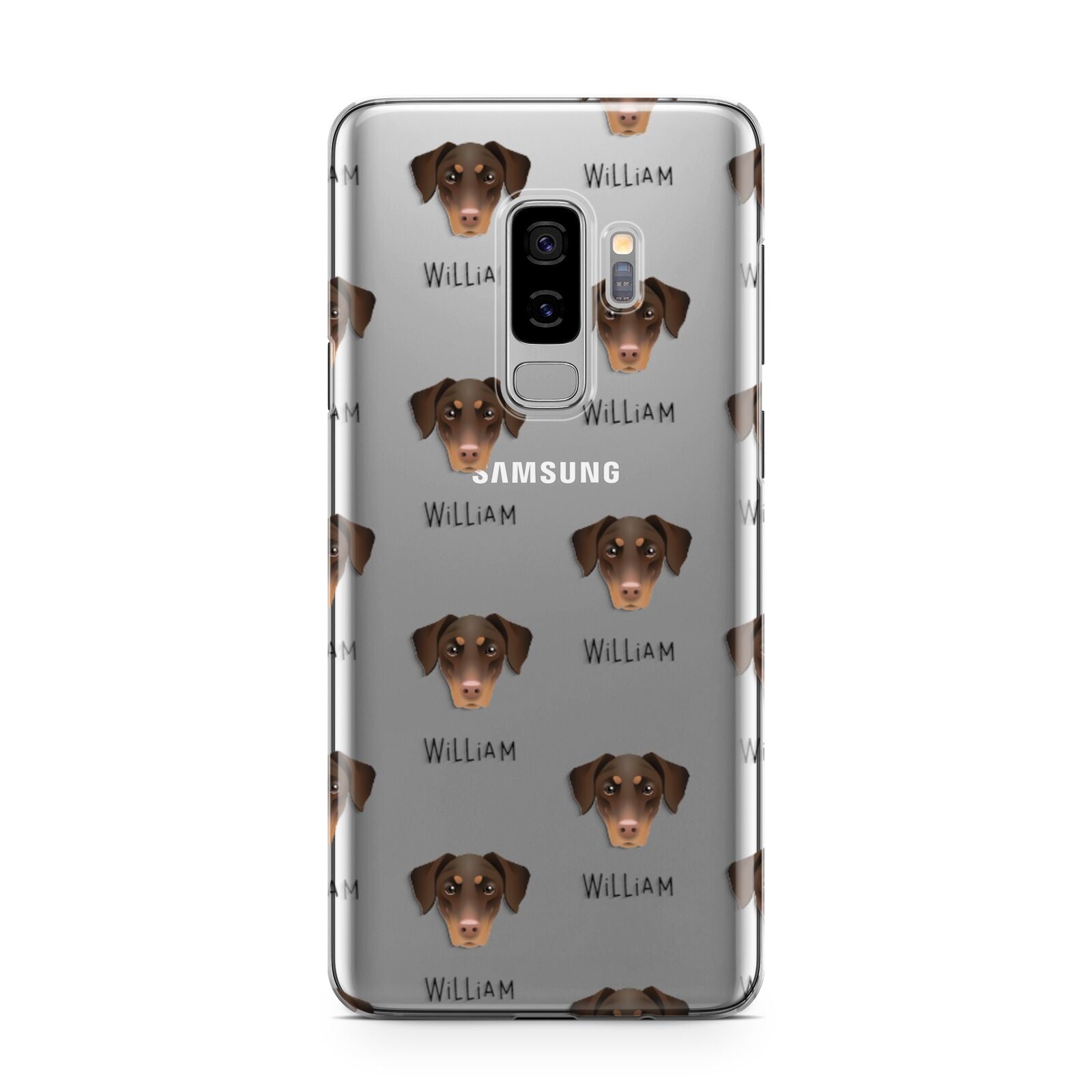 Dobermann Icon with Name Samsung Galaxy S9 Plus Case on Silver phone