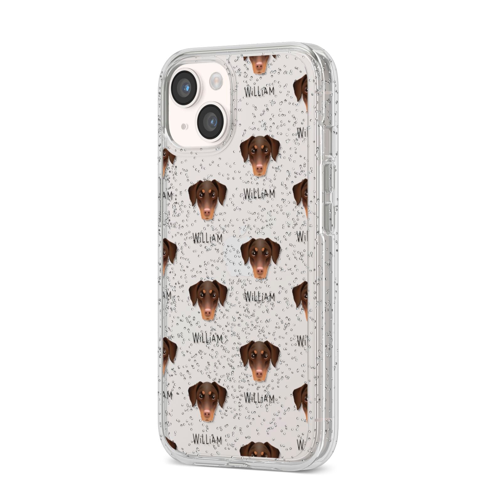 Dobermann Icon with Name iPhone 14 Glitter Tough Case Starlight Angled Image