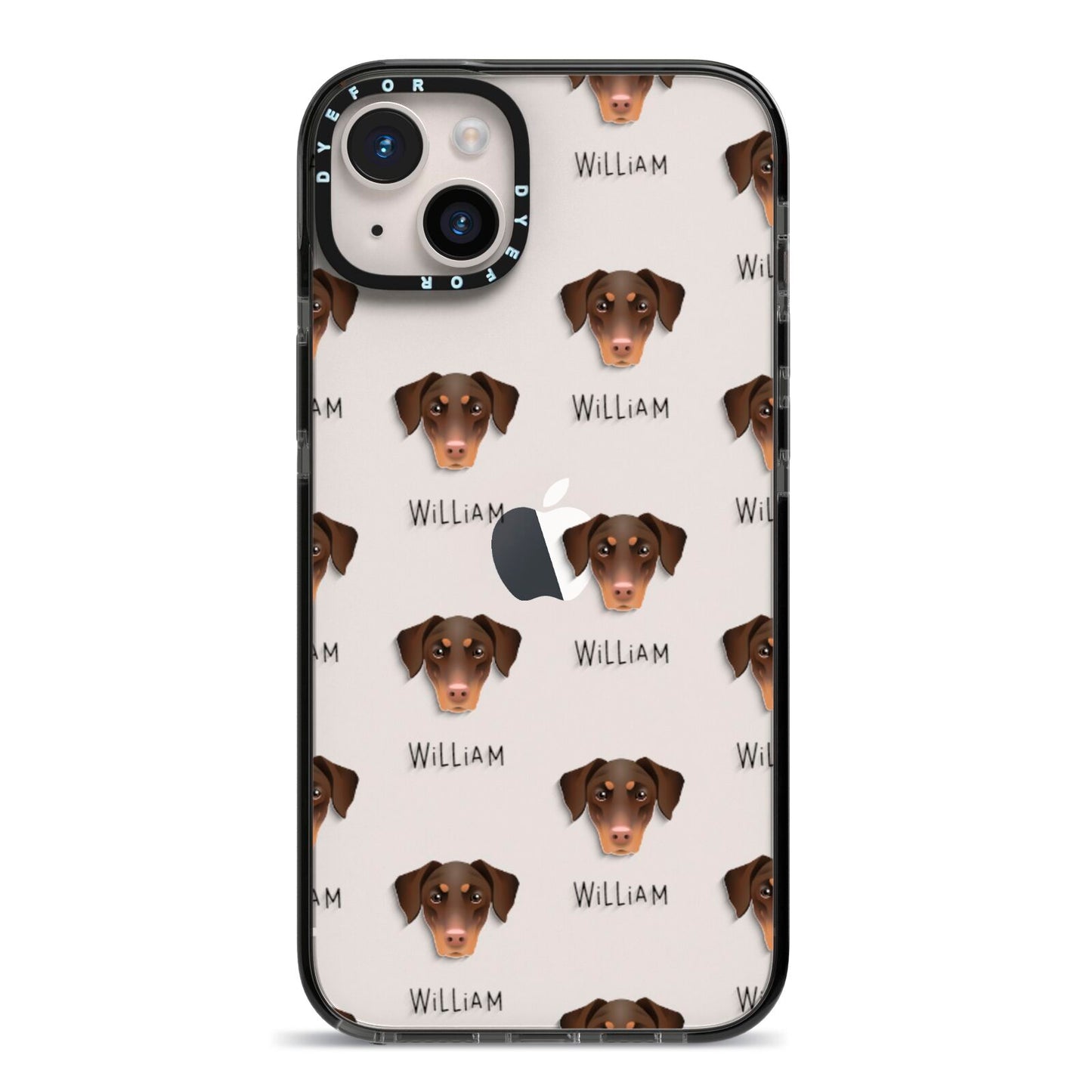 Dobermann Icon with Name iPhone 14 Plus Black Impact Case on Silver phone