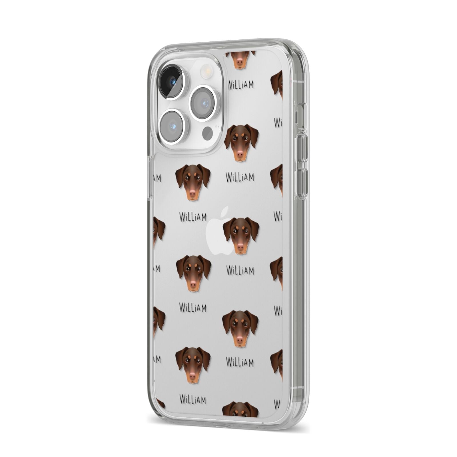 Dobermann Icon with Name iPhone 14 Pro Max Clear Tough Case Silver Angled Image