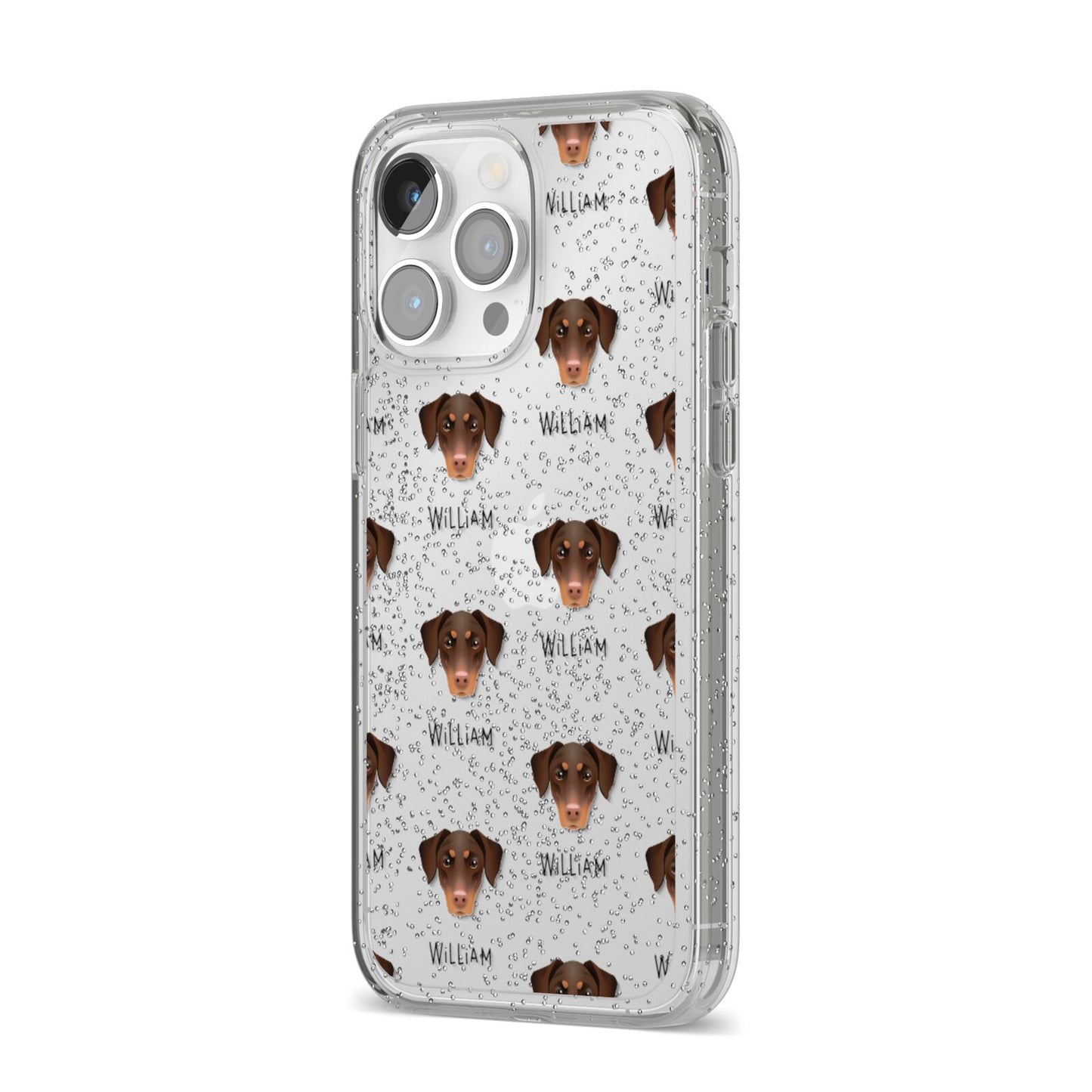 Dobermann Icon with Name iPhone 14 Pro Max Glitter Tough Case Silver Angled Image