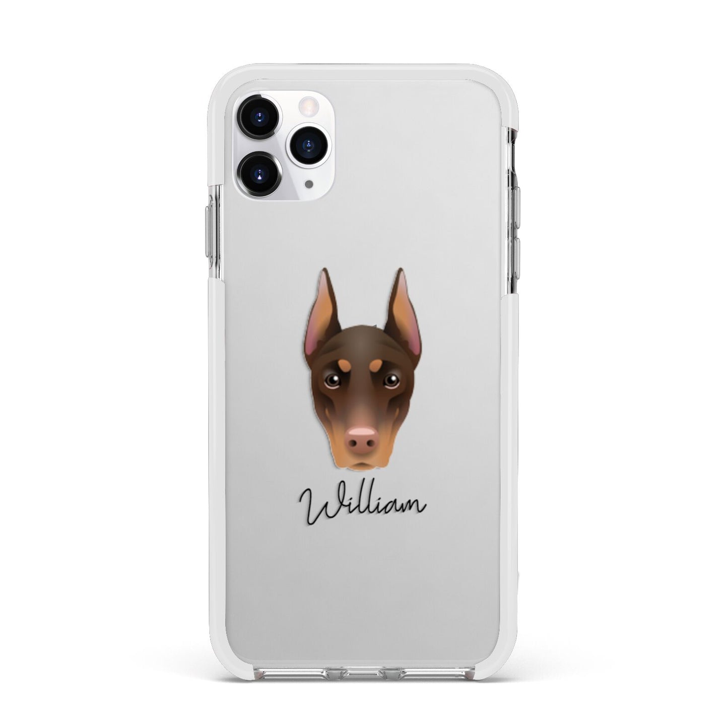 Dobermann Personalised Apple iPhone 11 Pro Max in Silver with White Impact Case