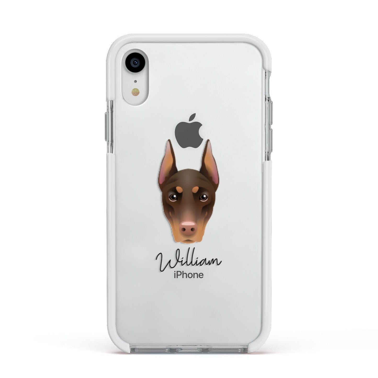 Dobermann Personalised Apple iPhone XR Impact Case White Edge on Silver Phone
