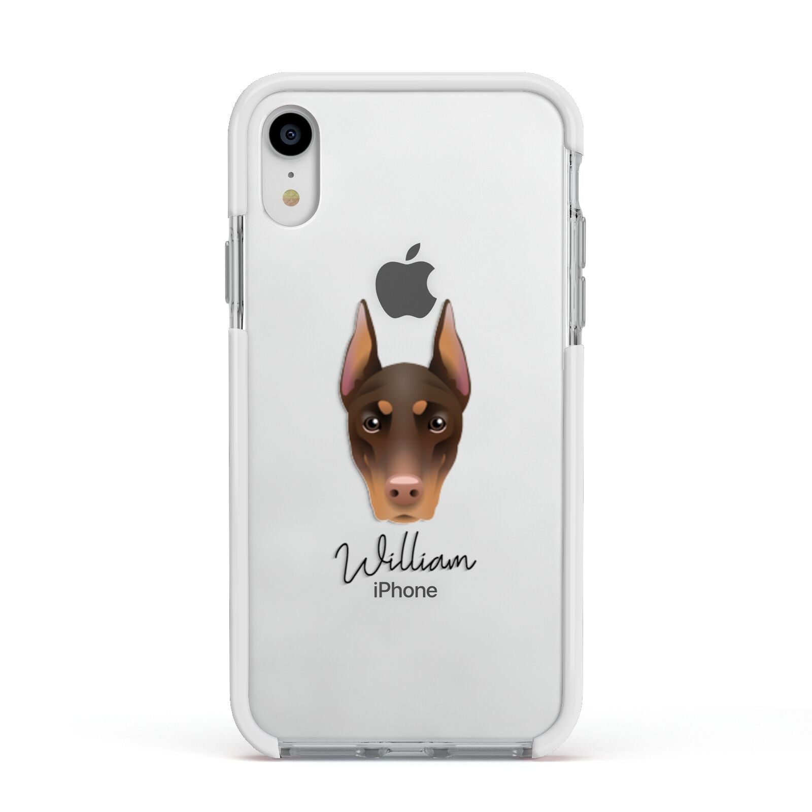 Dobermann Personalised Apple iPhone XR Impact Case White Edge on Silver Phone