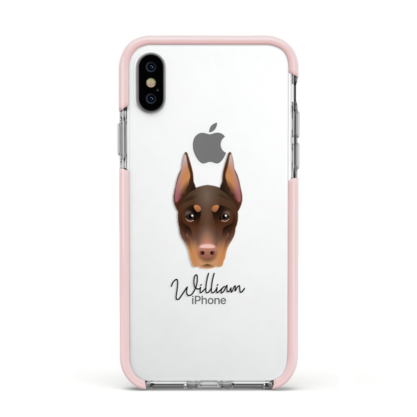Dobermann Personalised Apple iPhone Xs Impact Case Pink Edge on Silver Phone