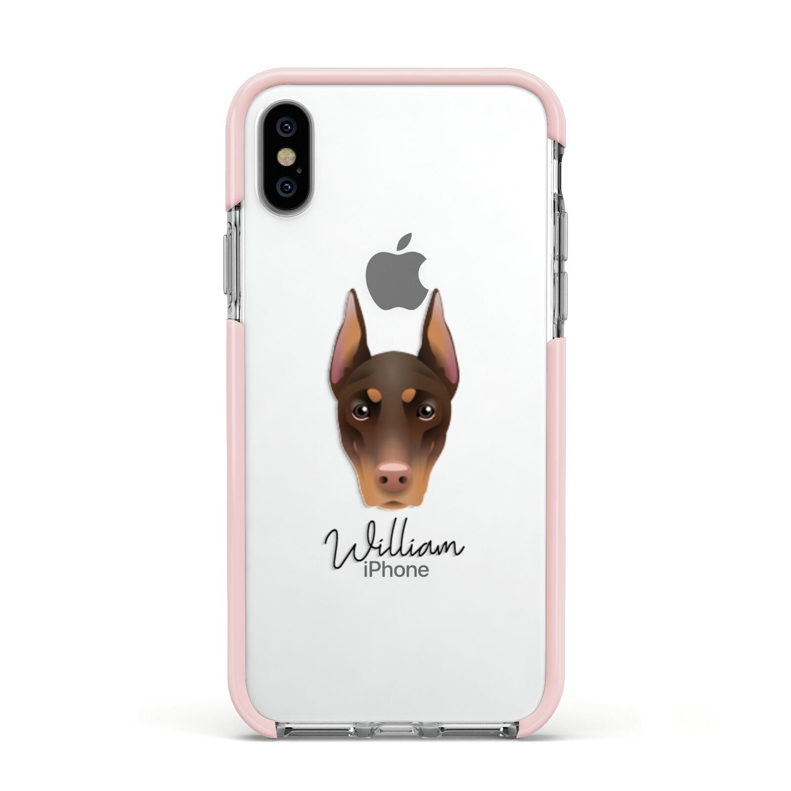 Dobermann Personalised Apple iPhone Xs Impact Case Pink Edge on Silver Phone