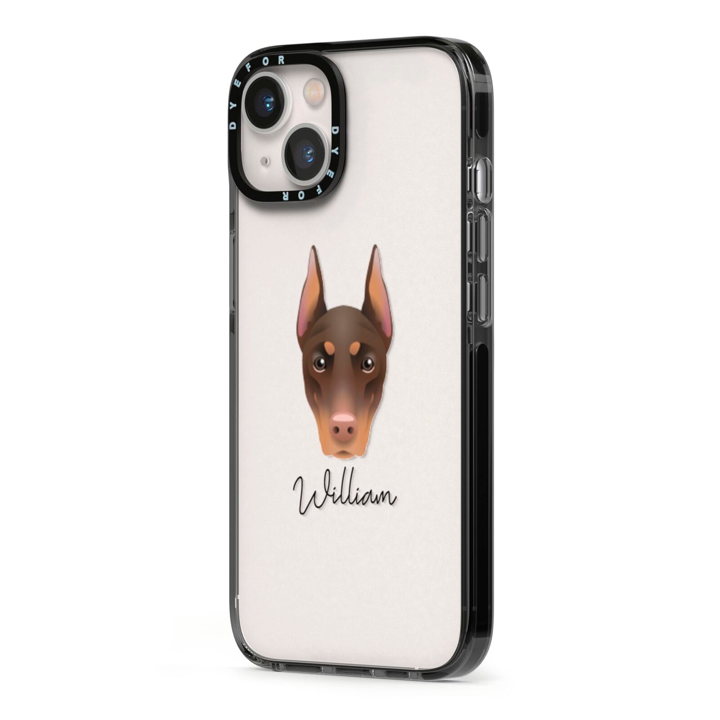 Dobermann Personalised iPhone 13 Black Impact Case Side Angle on Silver phone