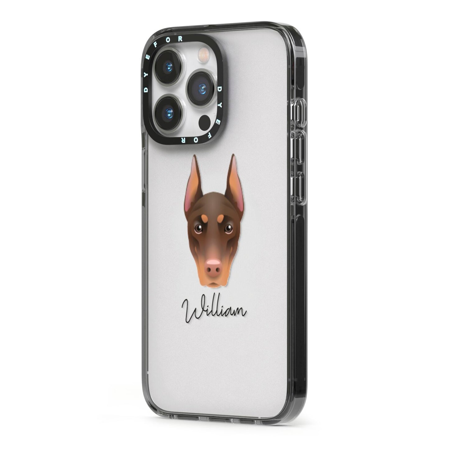 Dobermann Personalised iPhone 13 Pro Black Impact Case Side Angle on Silver phone