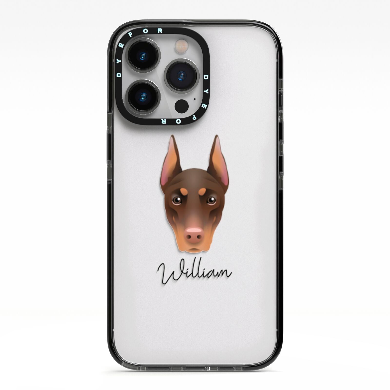 Dobermann Personalised iPhone 13 Pro Black Impact Case on Silver phone