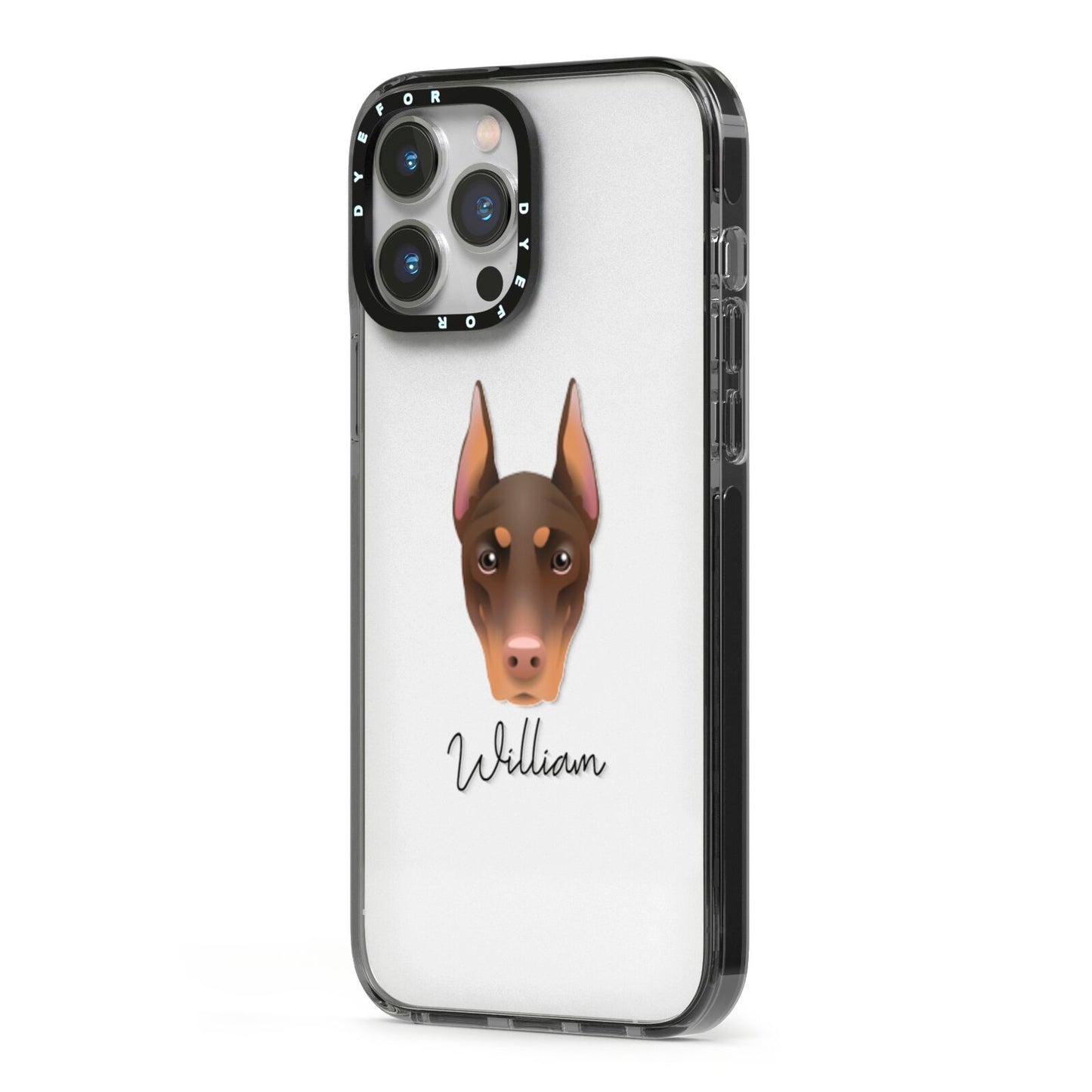 Dobermann Personalised iPhone 13 Pro Max Black Impact Case Side Angle on Silver phone