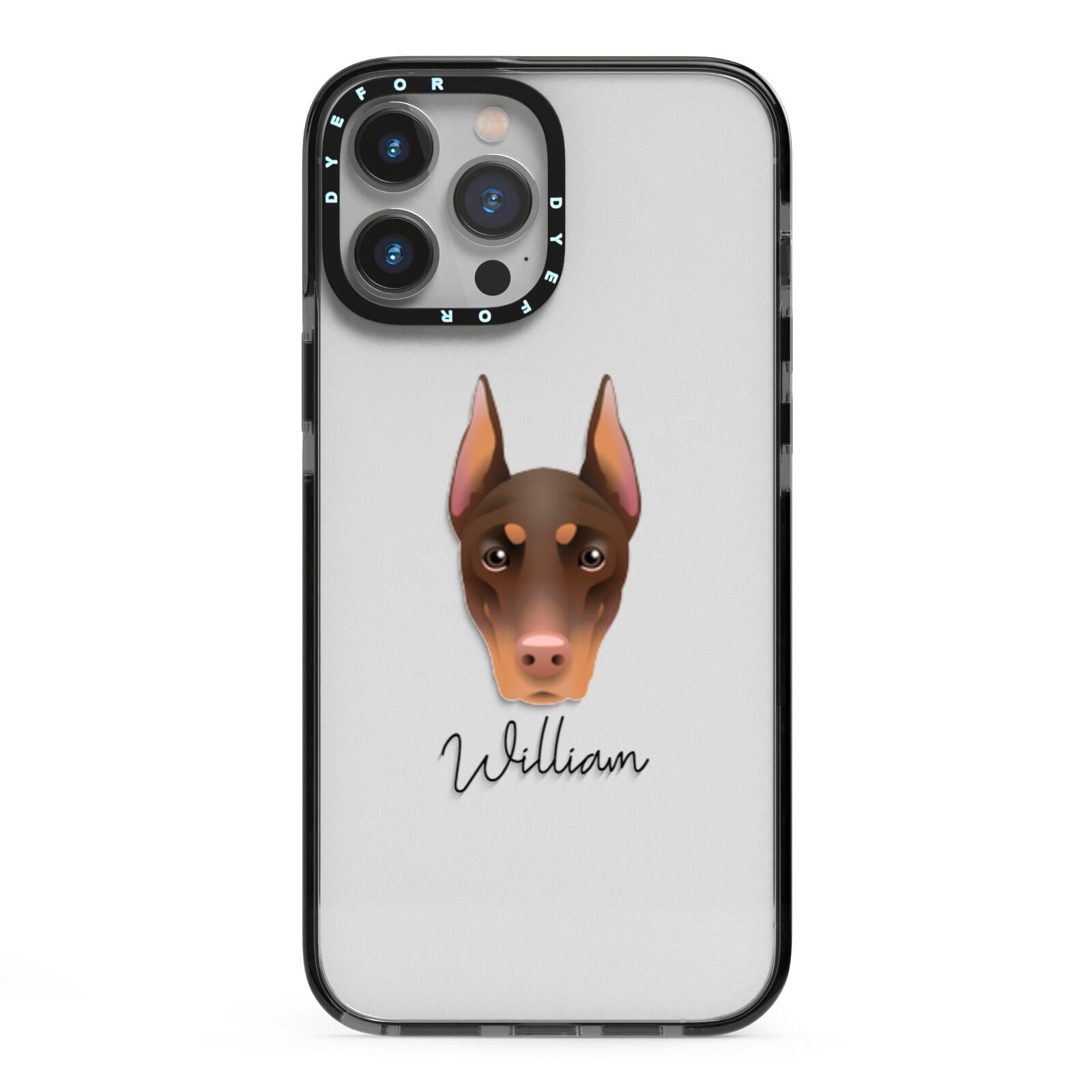 Dobermann Personalised iPhone 13 Pro Max Black Impact Case on Silver phone