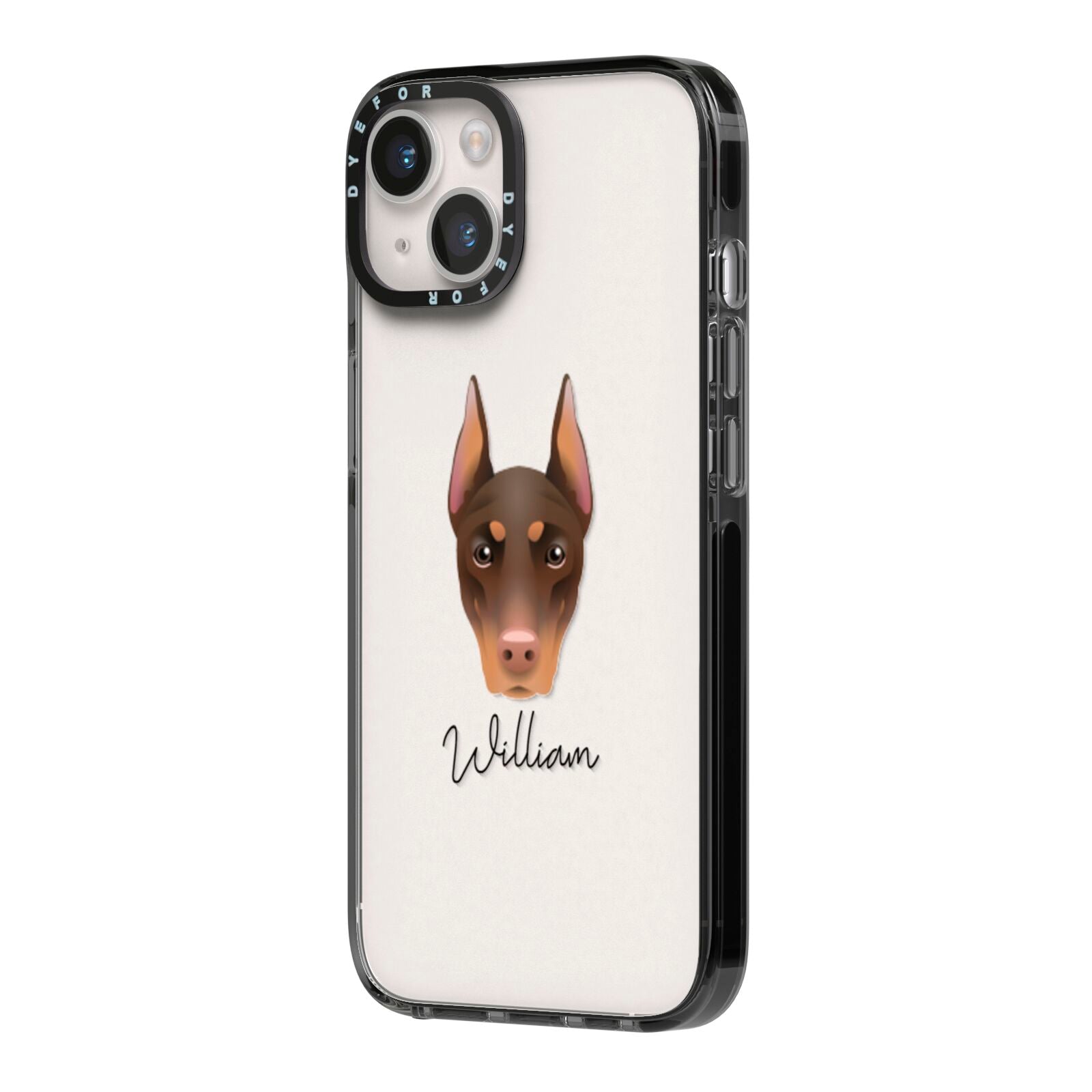 Dobermann Personalised iPhone 14 Black Impact Case Side Angle on Silver phone