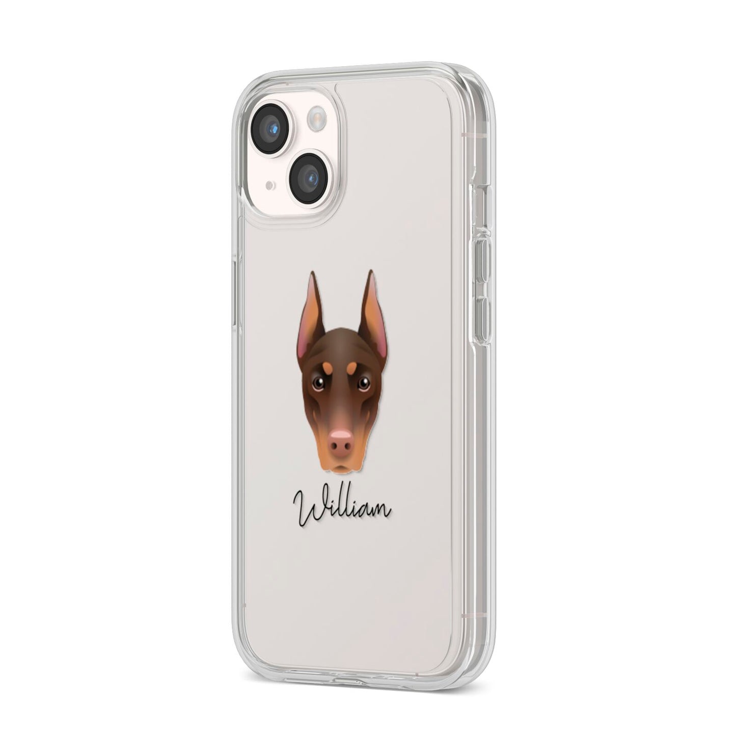 Dobermann Personalised iPhone 14 Clear Tough Case Starlight Angled Image