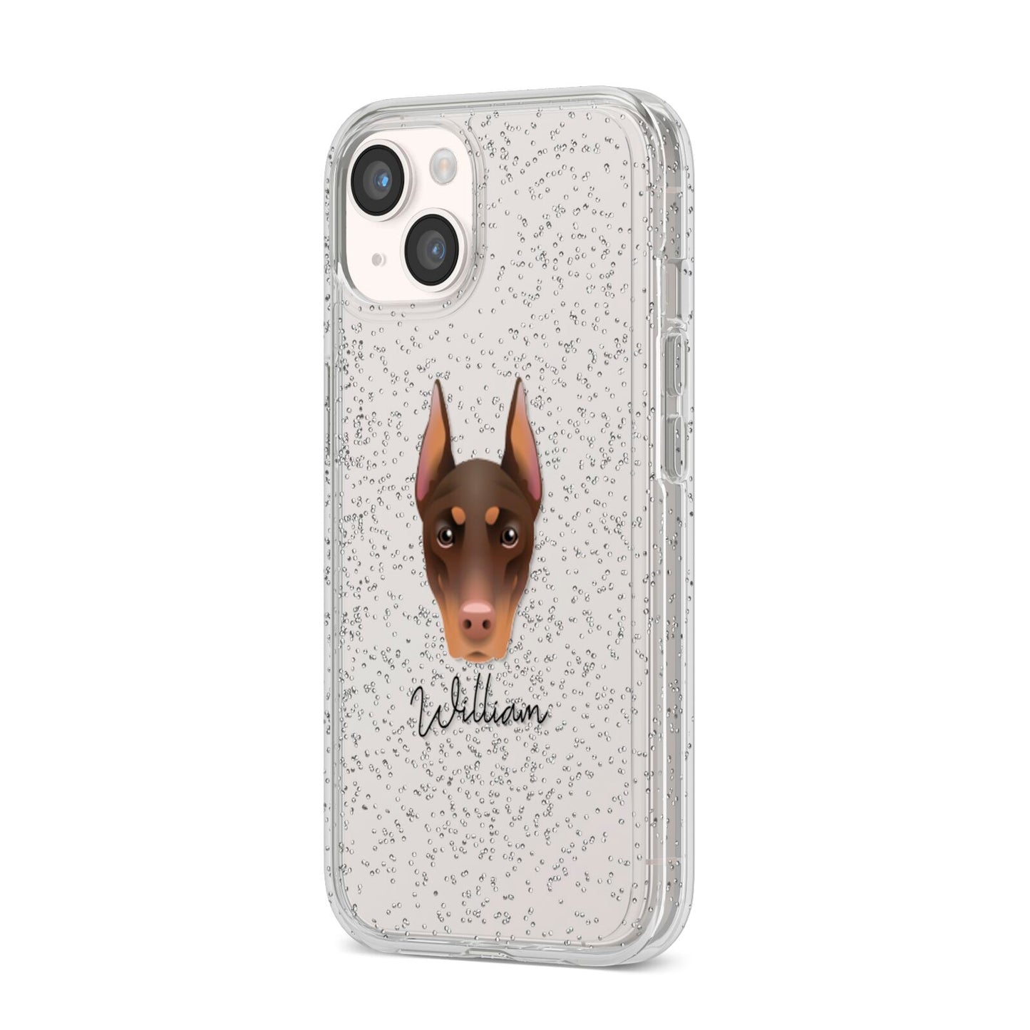Dobermann Personalised iPhone 14 Glitter Tough Case Starlight Angled Image