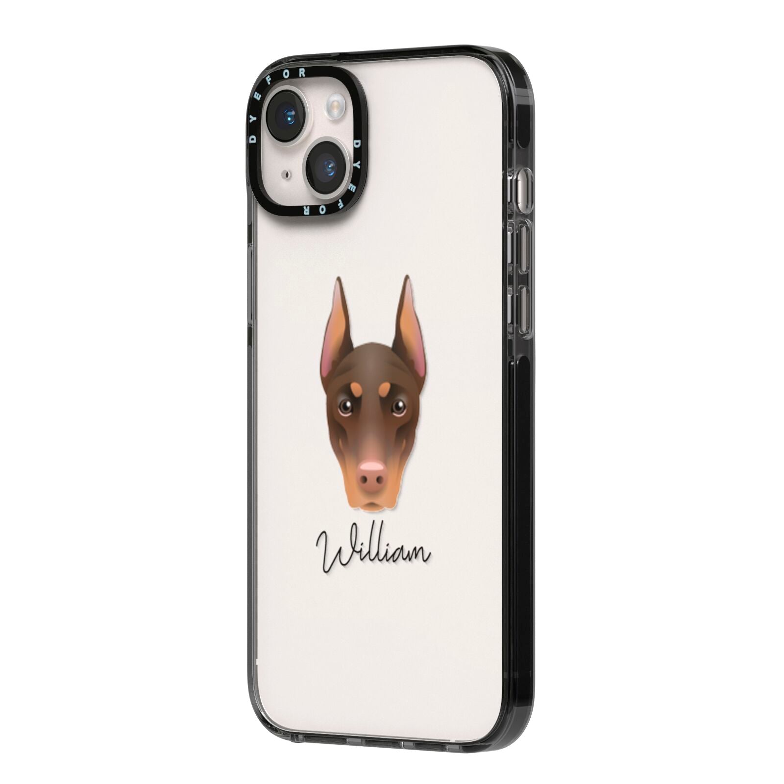 Dobermann Personalised iPhone 14 Plus Black Impact Case Side Angle on Silver phone