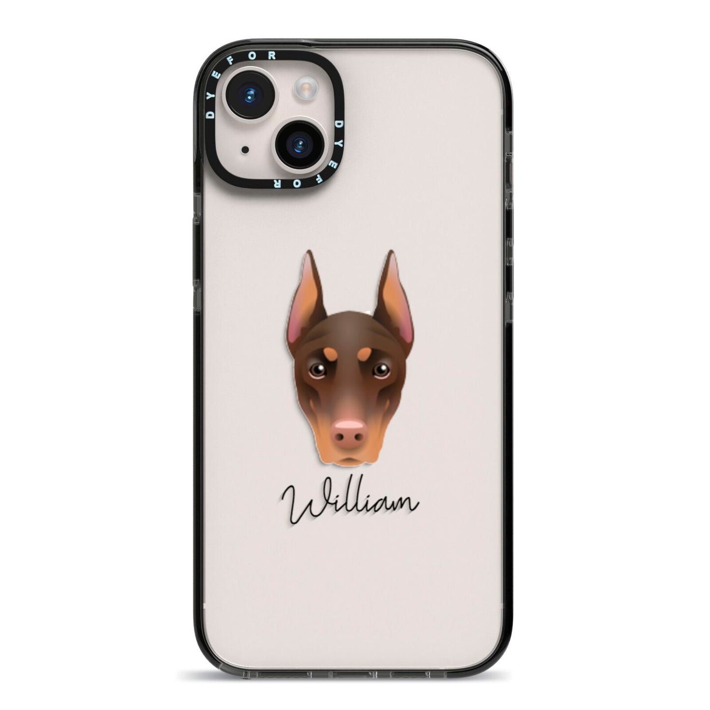 Dobermann Personalised iPhone 14 Plus Black Impact Case on Silver phone