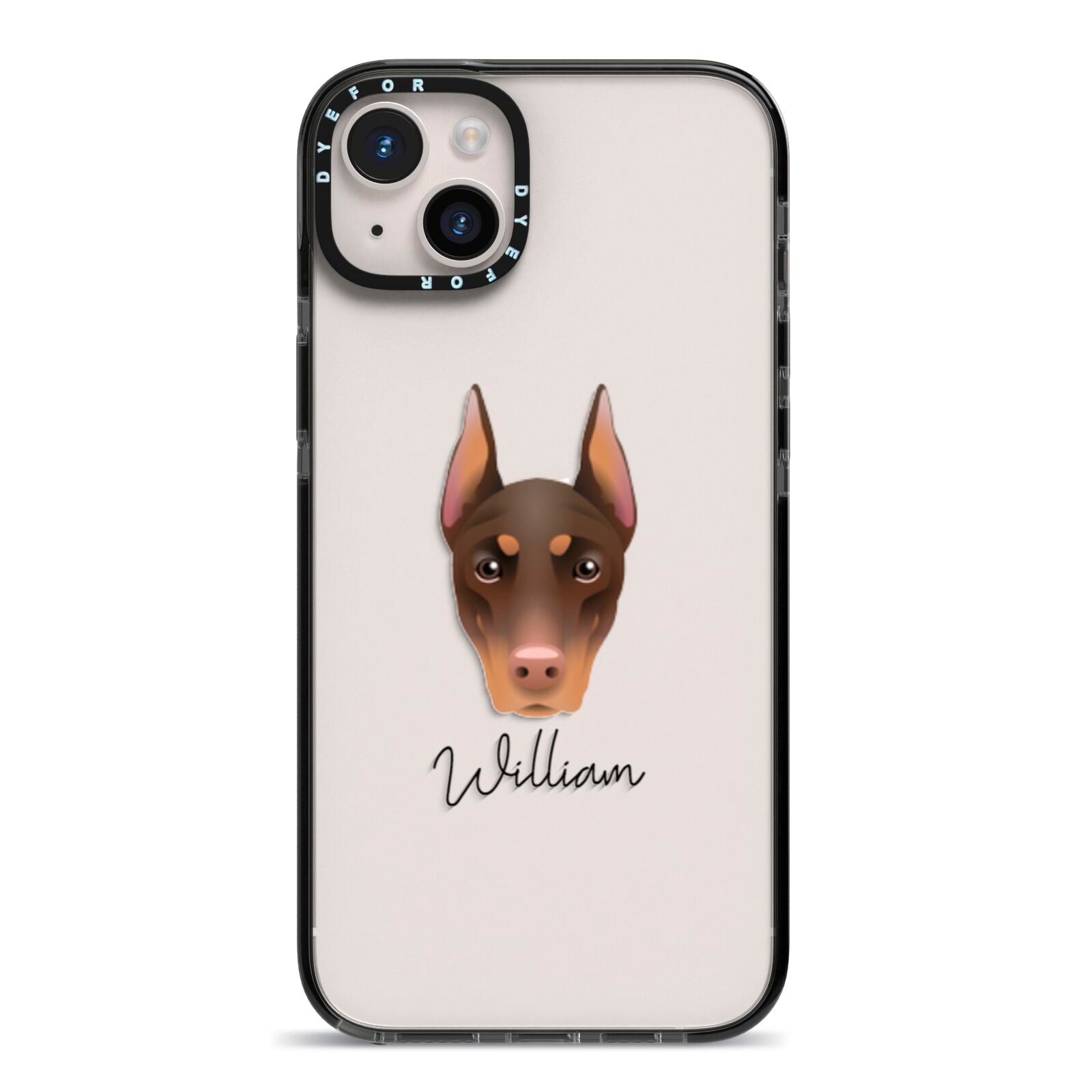 Dobermann Personalised iPhone 14 Plus Black Impact Case on Silver phone