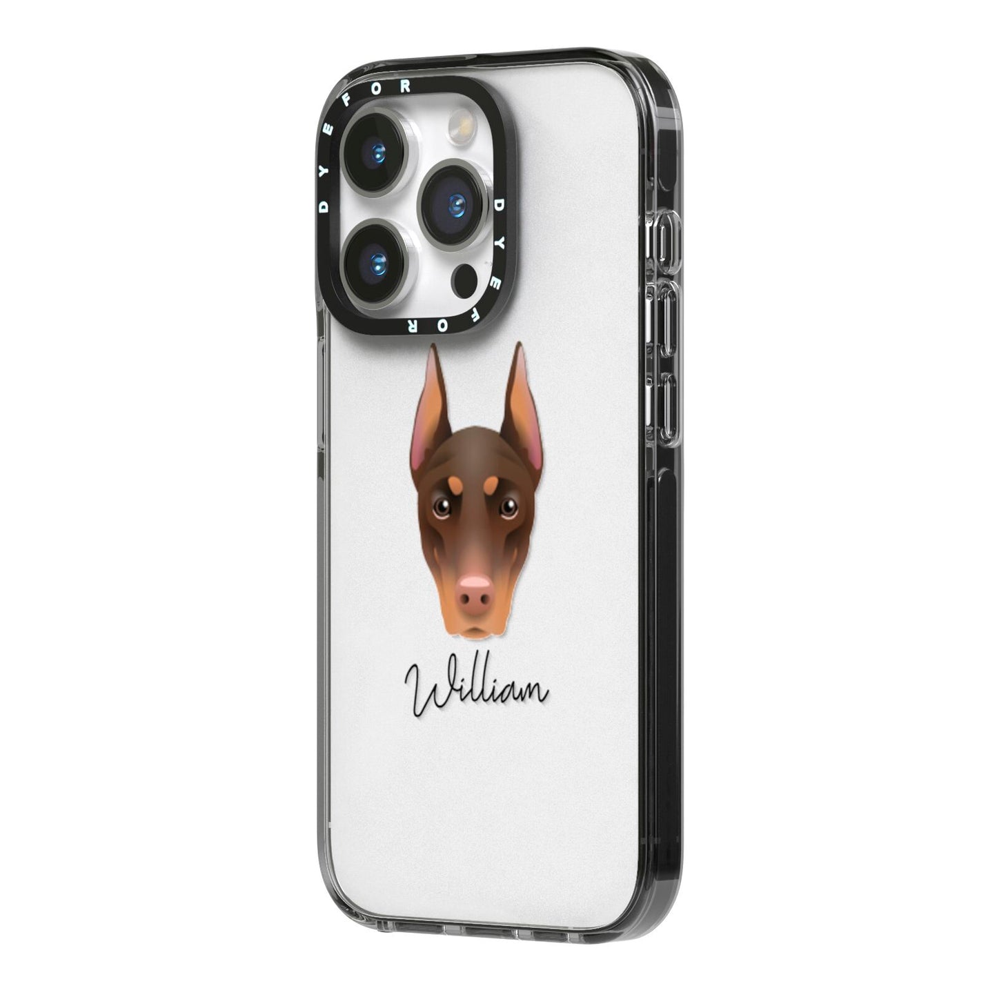 Dobermann Personalised iPhone 14 Pro Black Impact Case Side Angle on Silver phone