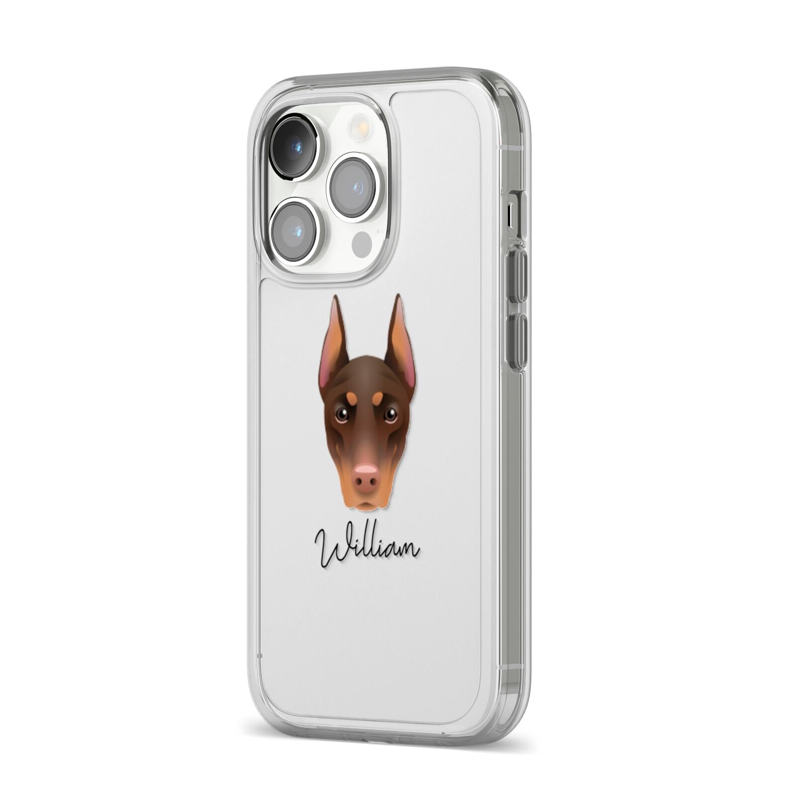 Dobermann Personalised iPhone 14 Pro Clear Tough Case Silver Angled Image