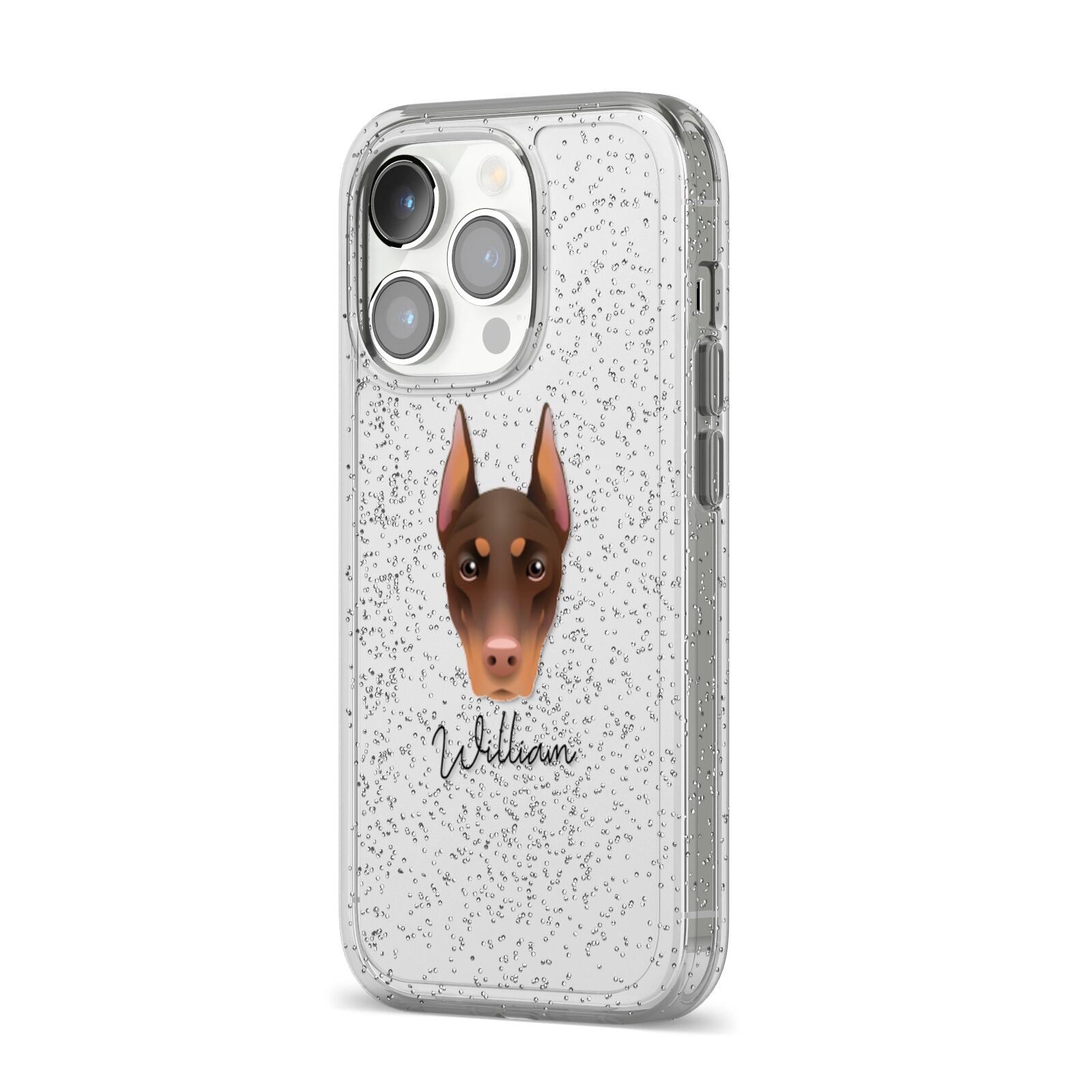 Dobermann Personalised iPhone 14 Pro Glitter Tough Case Silver Angled Image