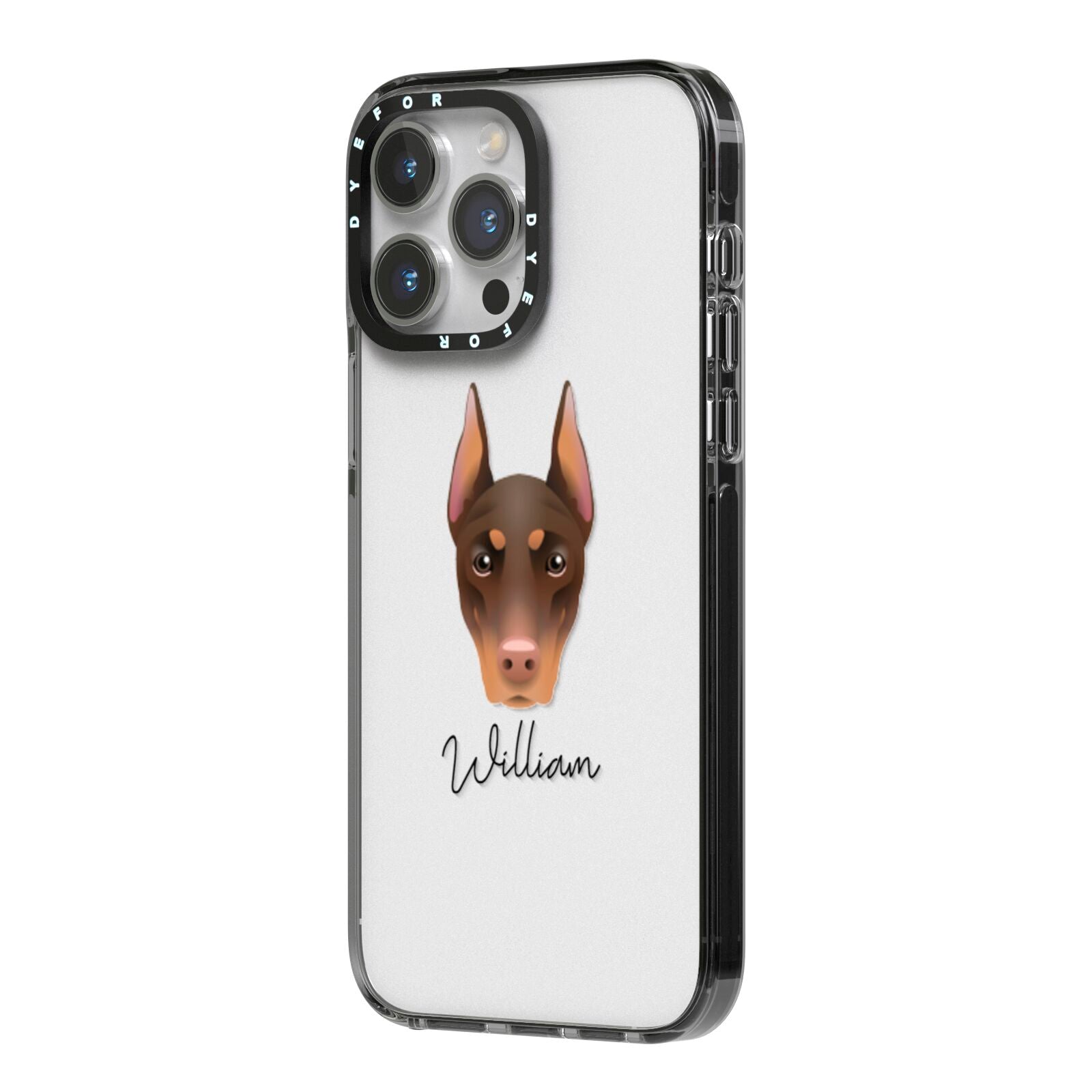 Dobermann Personalised iPhone 14 Pro Max Black Impact Case Side Angle on Silver phone