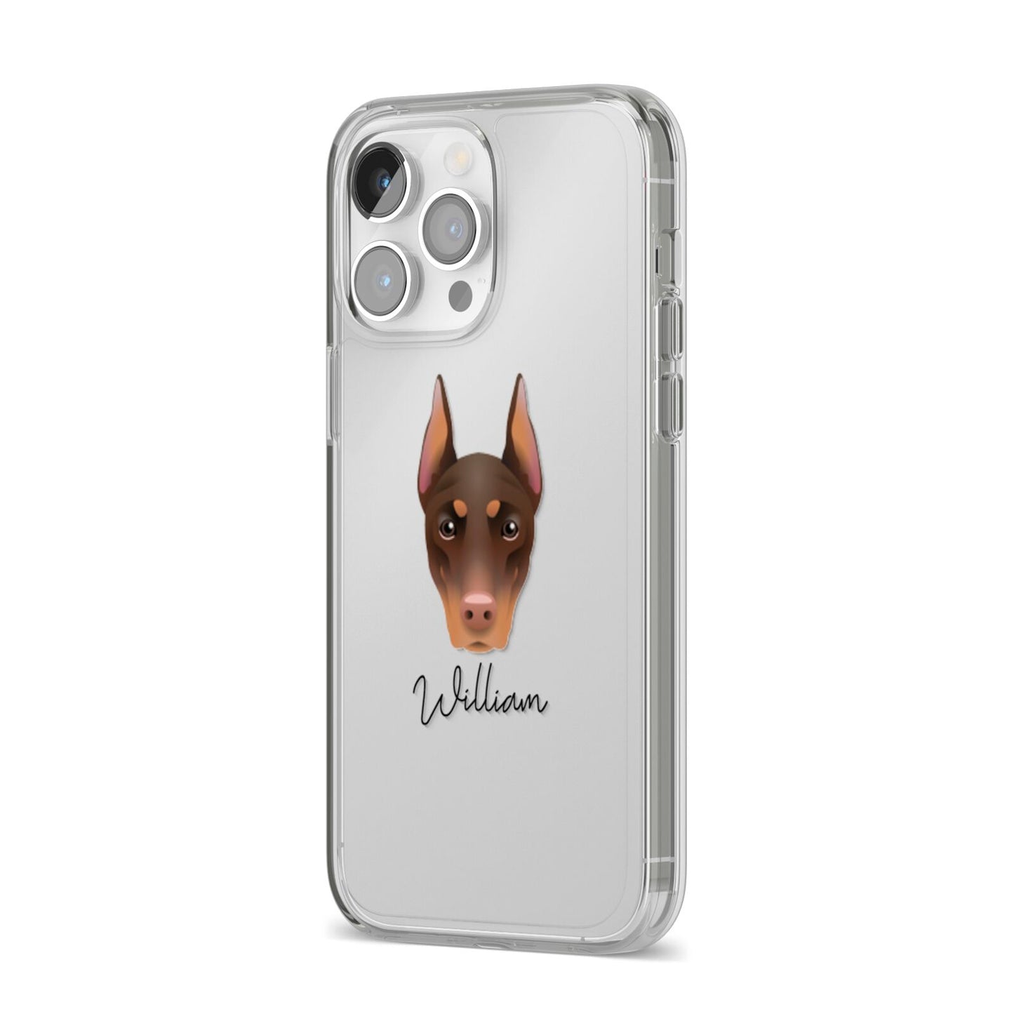 Dobermann Personalised iPhone 14 Pro Max Clear Tough Case Silver Angled Image