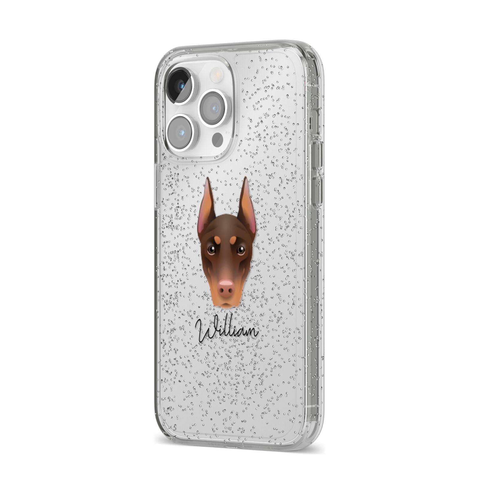 Dobermann Personalised iPhone 14 Pro Max Glitter Tough Case Silver Angled Image