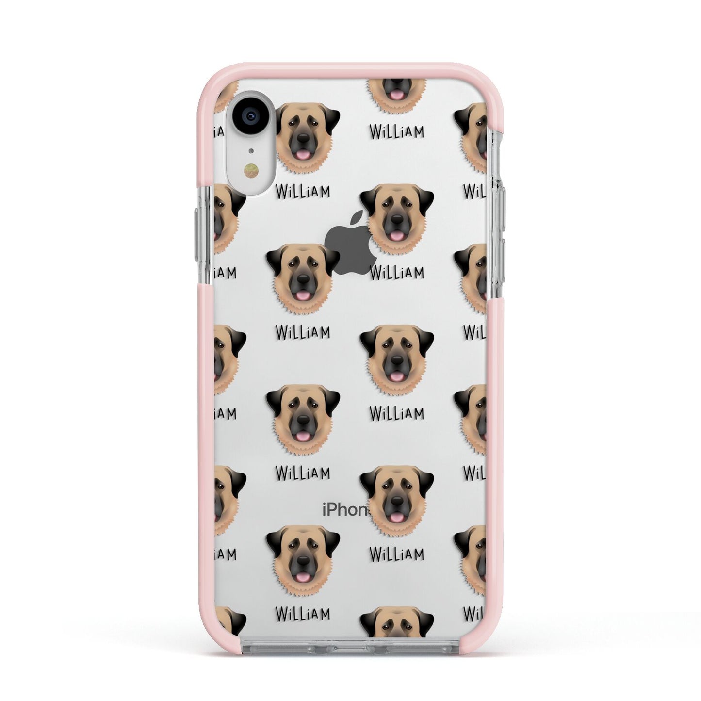 Dog Icon with Name Apple iPhone XR Impact Case Pink Edge on Silver Phone
