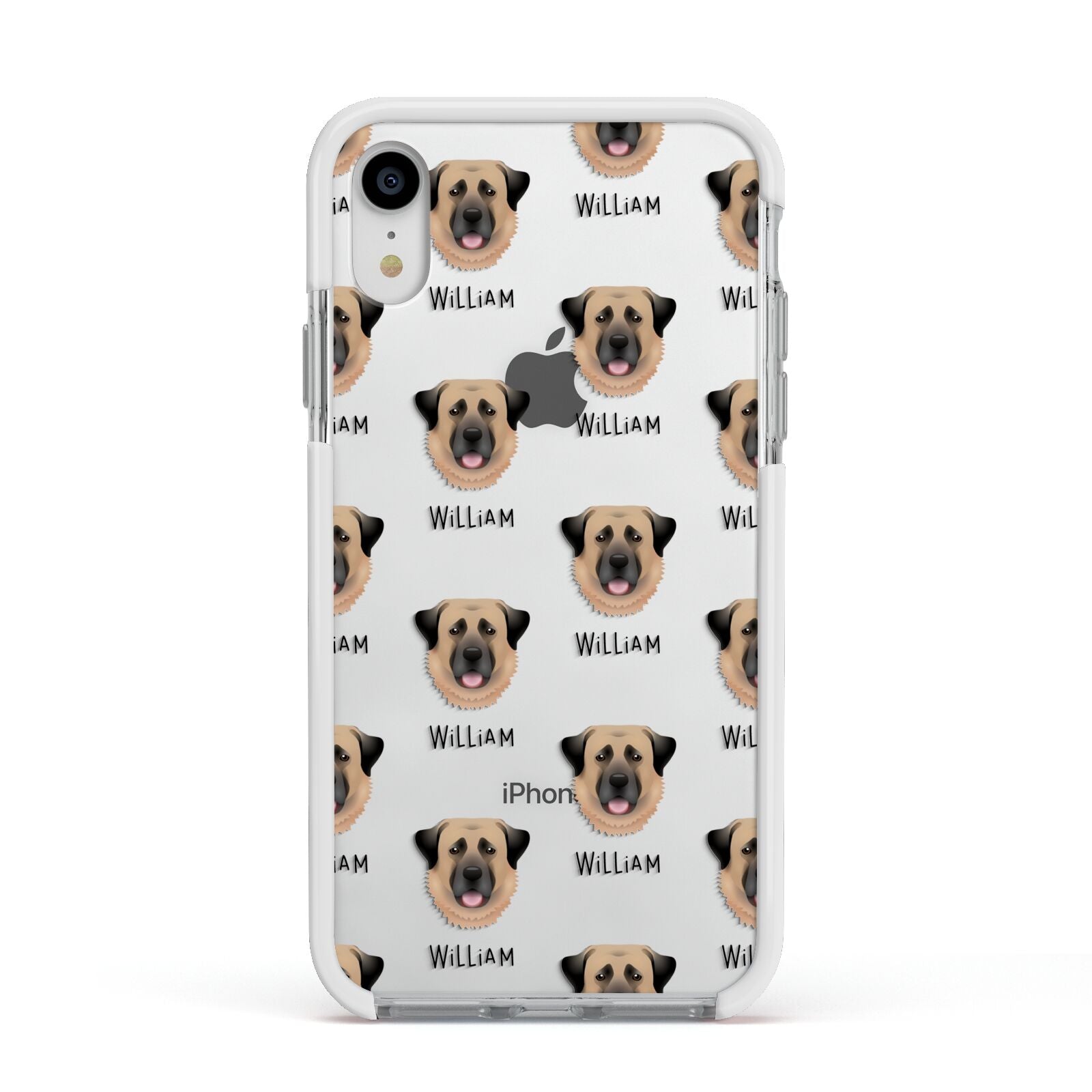 Dog Icon with Name Apple iPhone XR Impact Case White Edge on Silver Phone