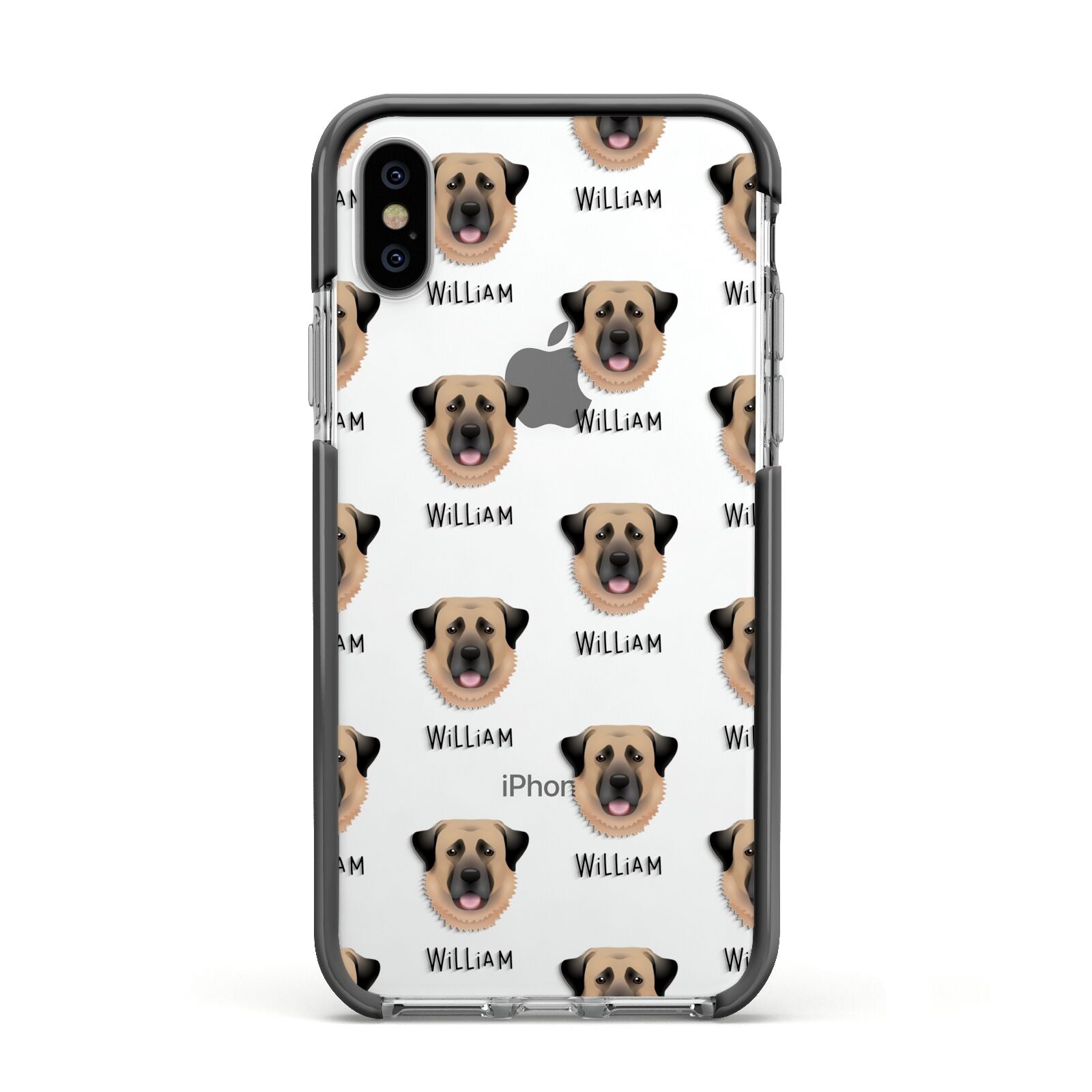 Dog Icon with Name Apple iPhone Xs Impact Case Black Edge on Silver Phone